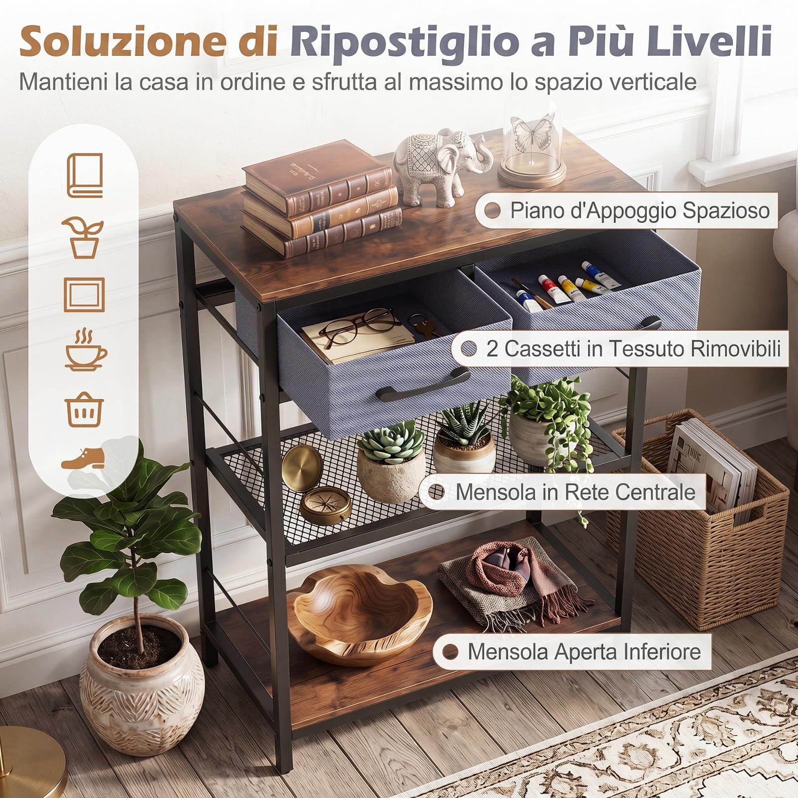 COSTWAY Tavolino Salotto Stretto, Tavolo Consolle da Ingresso con 2 Cassetti in Tessuto e 2 Ripiani Aperti, Comodino Moderno in Legno per Soggiorno, Corridoio e Camera da Letto, 60x30x81 cm (Marrone)
