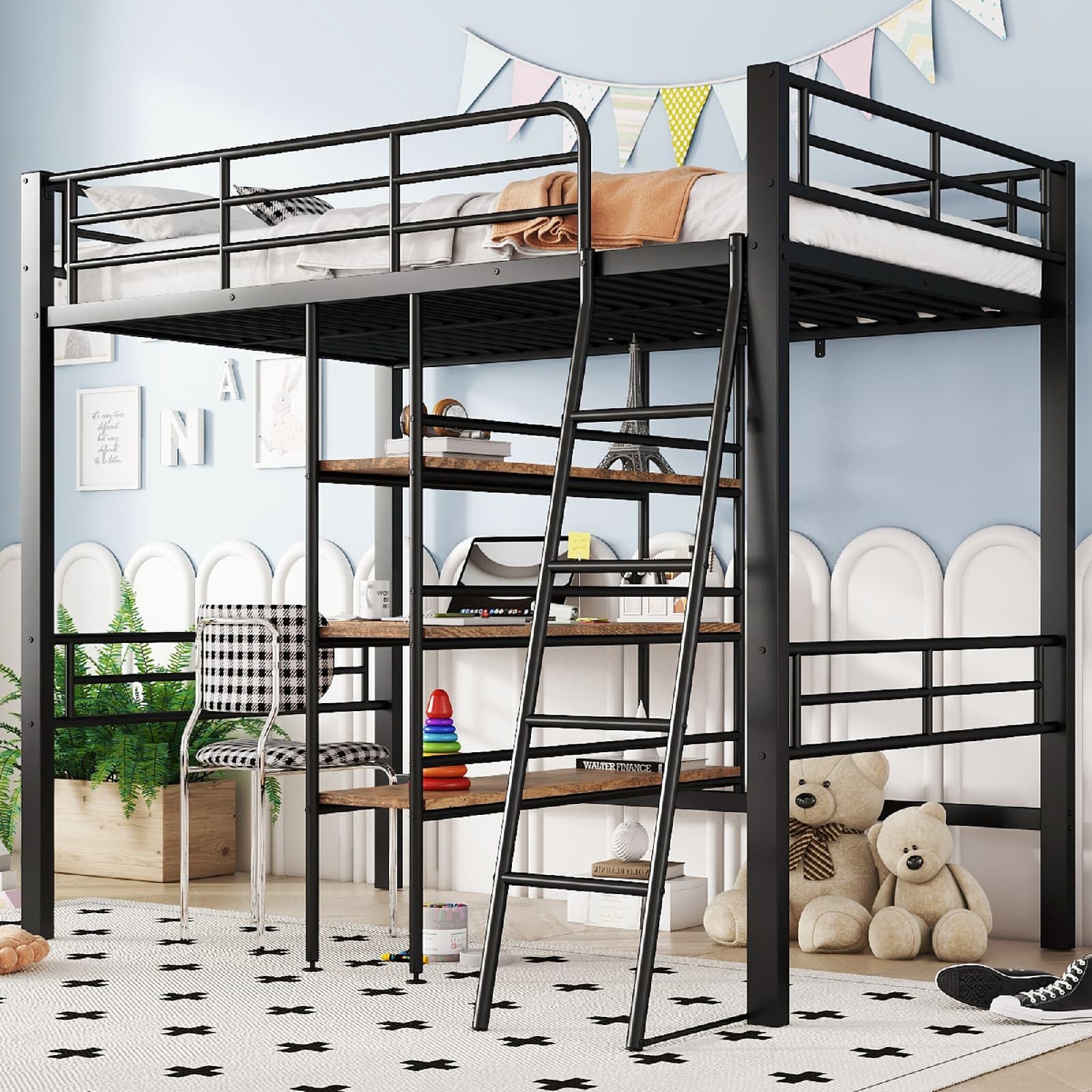 PUGSDRLY Lit Mezzanine Enfant 90x200cm Bureau Étagères, Cadre Fer Hauteur Adolescent Noir
