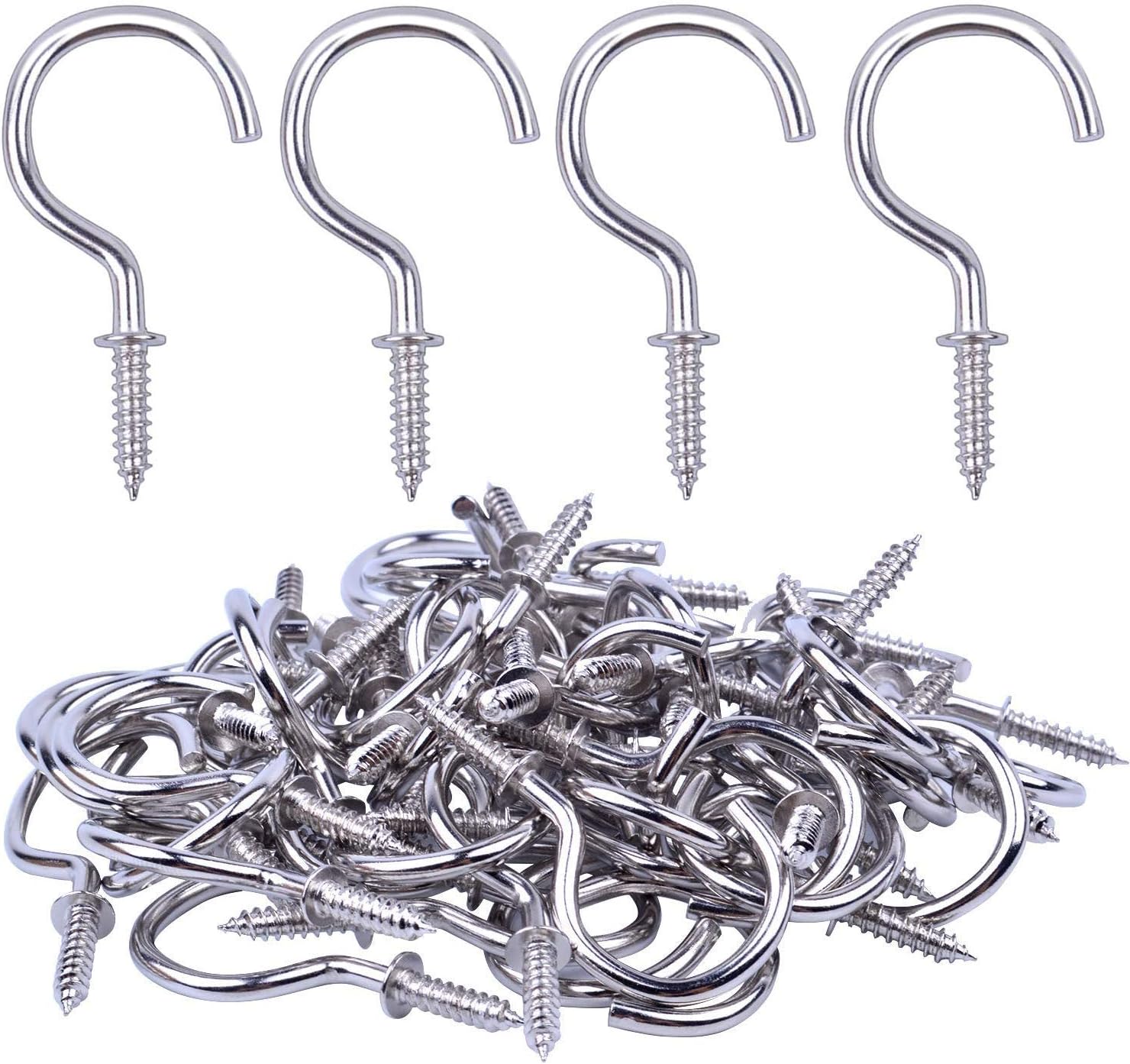 BronaGrand 100pcs Nickel Plated Metal Screw-in Ceiling Hooks Cup Hooks Silver 1inch