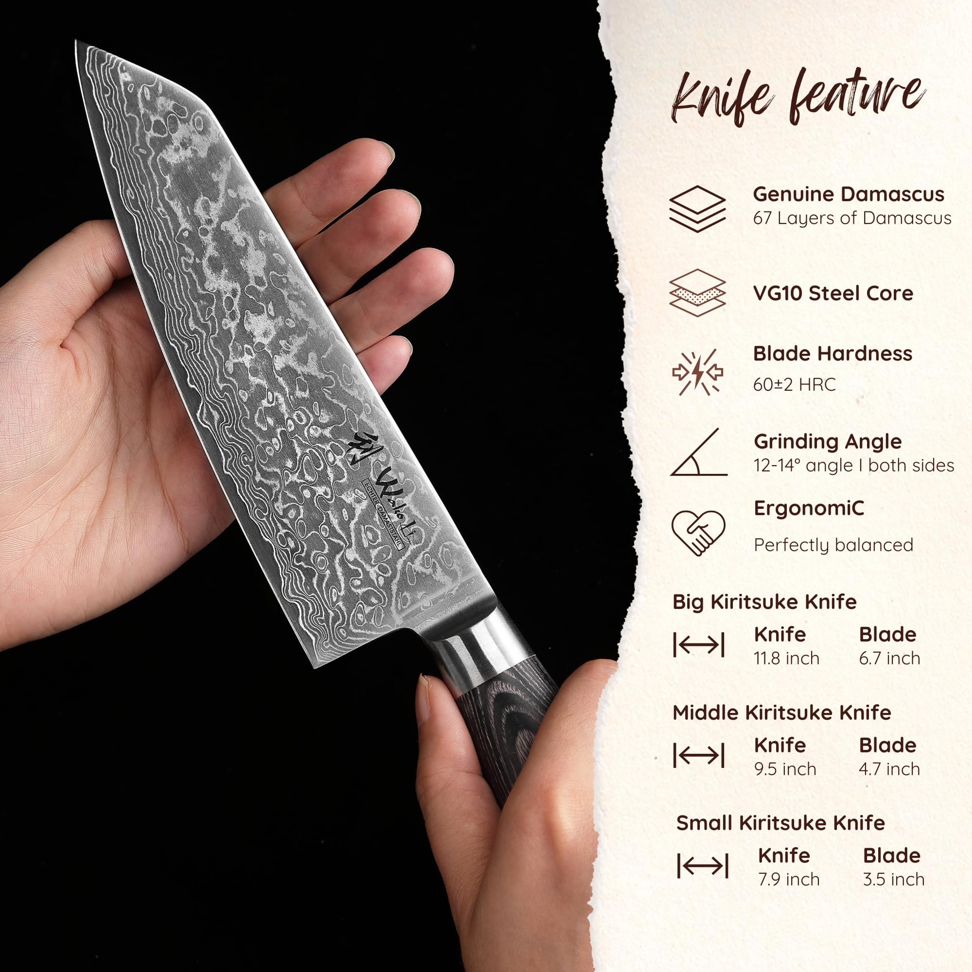 WAKOLI EDIB Pro Black Set de 3 Couteaux de Cuisine Professionnels en Damas | lames à 67 couches avec noyau VG10, manches en bois de pakka, élégant coffret cadeau en bois pour présentation et rangement