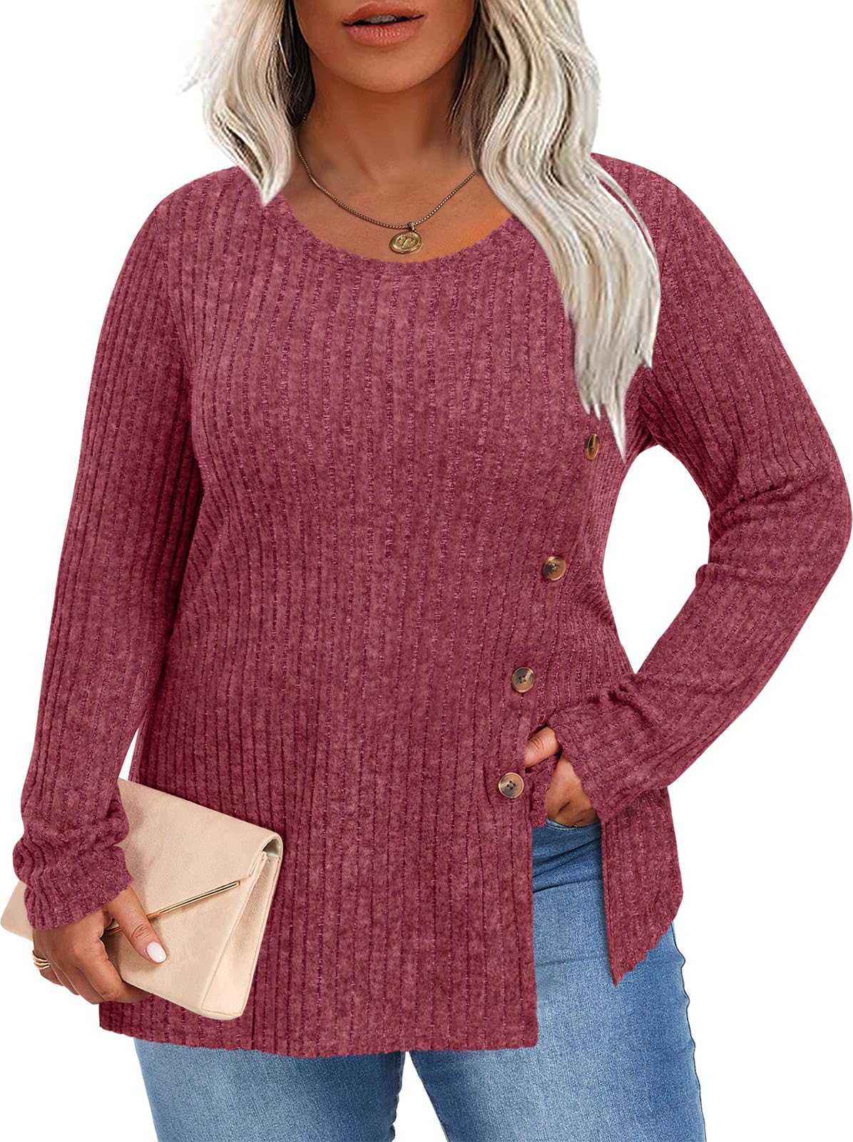 Women Plus Size Top Knit Long Sleeve Sweater Button Tunic XL-5XL
