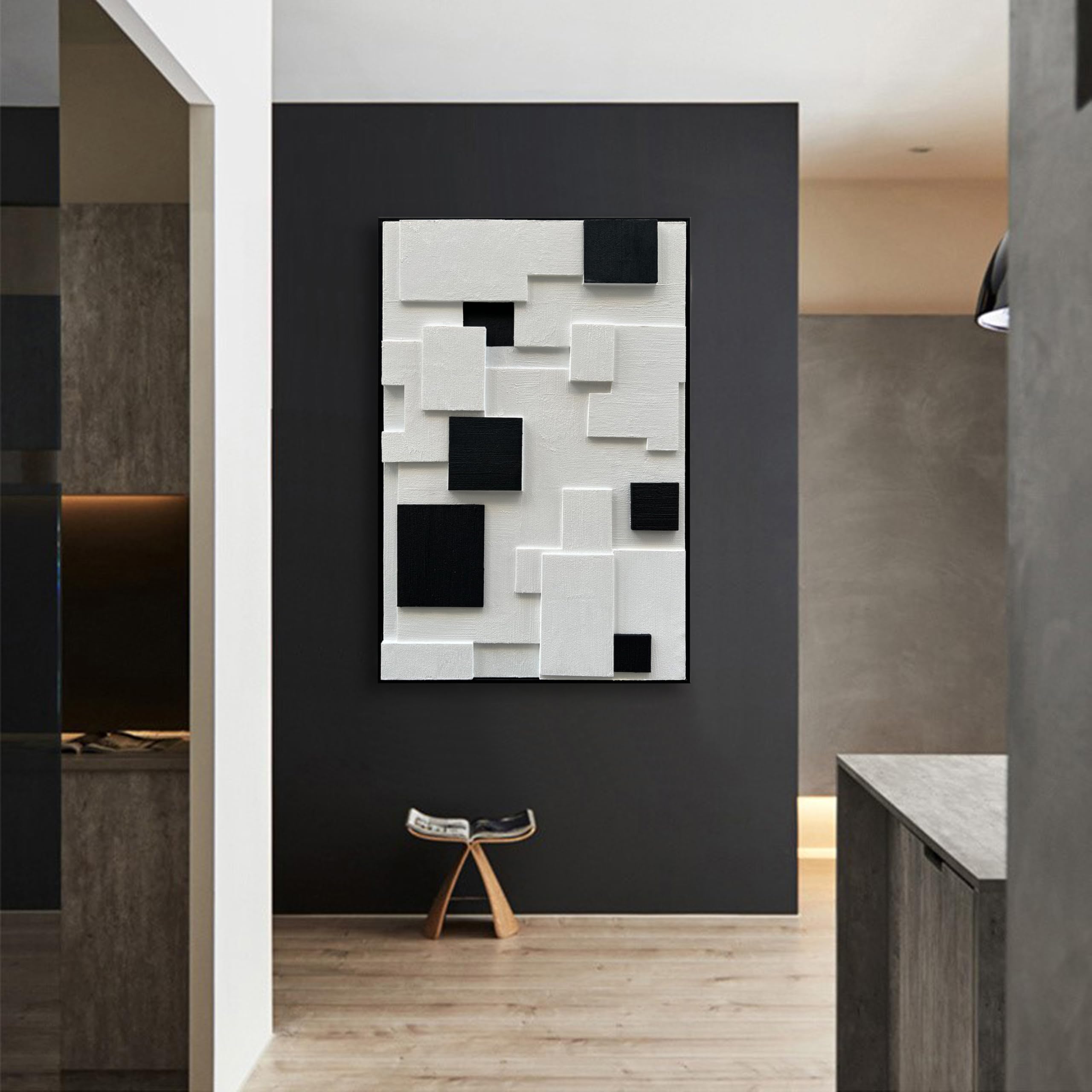 NANKAI Art Hand Painted White and Black Thick Texture Abstract Art Oil Painting Contemporary Minimalist Art Home Wall Decoration Painting 36x24 inch (with Solid Wood Exterior Frame)