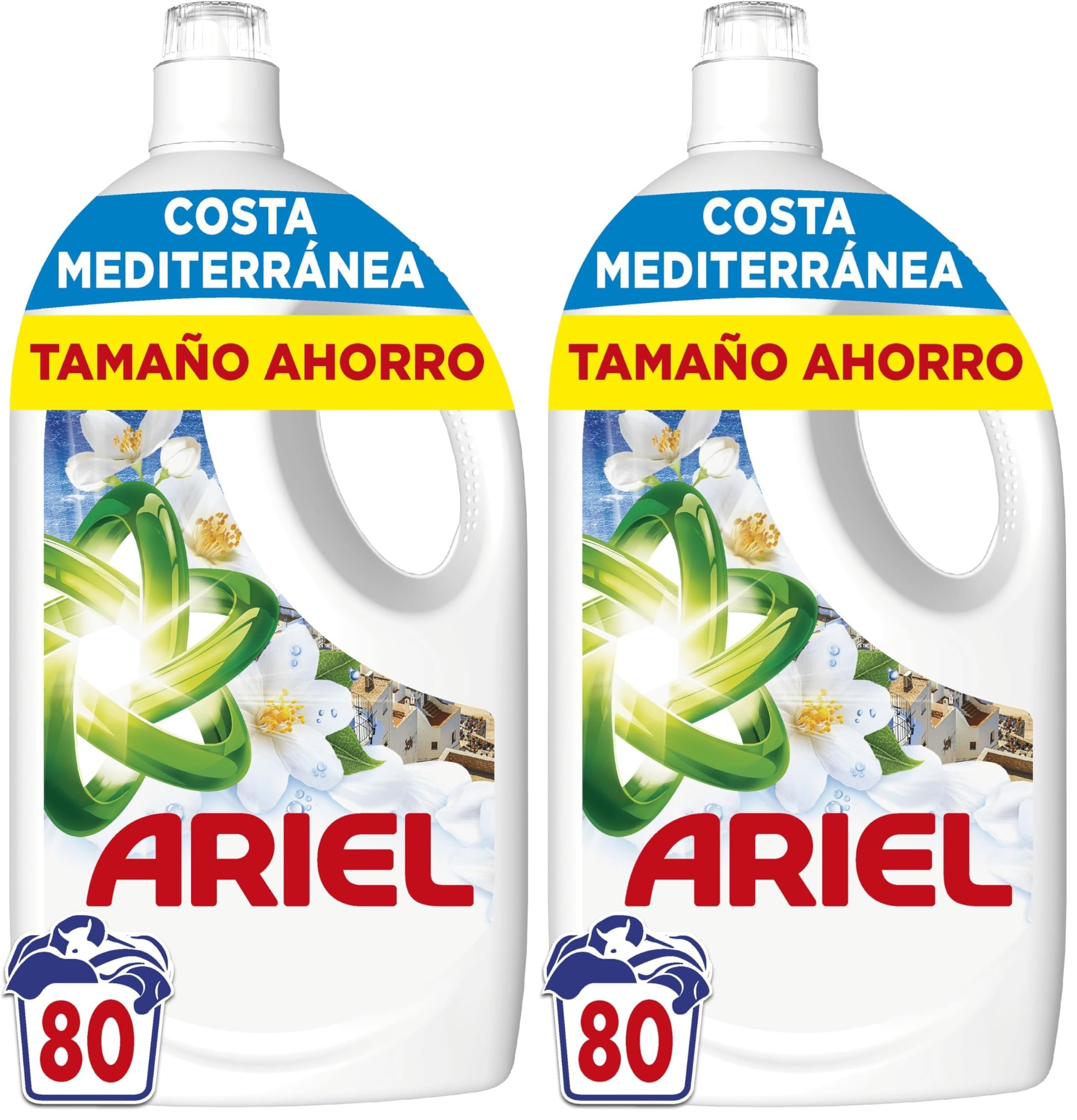 Ariel Detergente Lavadora Liquido 80 Lavados, Jabon Brisa Marina Y Jazmín, Edición Limitada Costa Mediterránea (Paquete de 2)