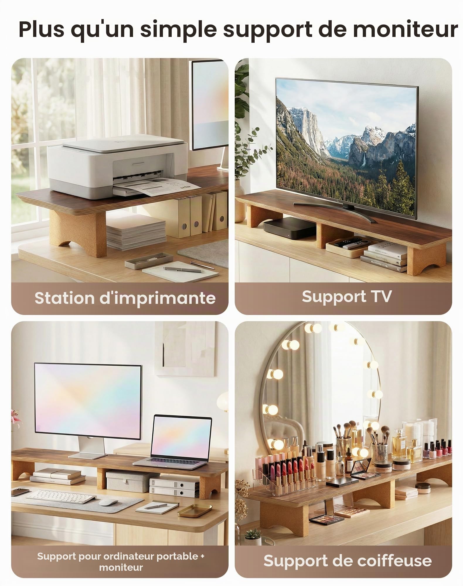 Aothia Grand Support pour écran d'ordinateur, Colonne Montante en Bois avec Pieds en liège durables pour Ordinateurs Portables/Ordinateur/TV/PC, Organisateur Parfait pour Bureau/Maison (Noyer, Grand)