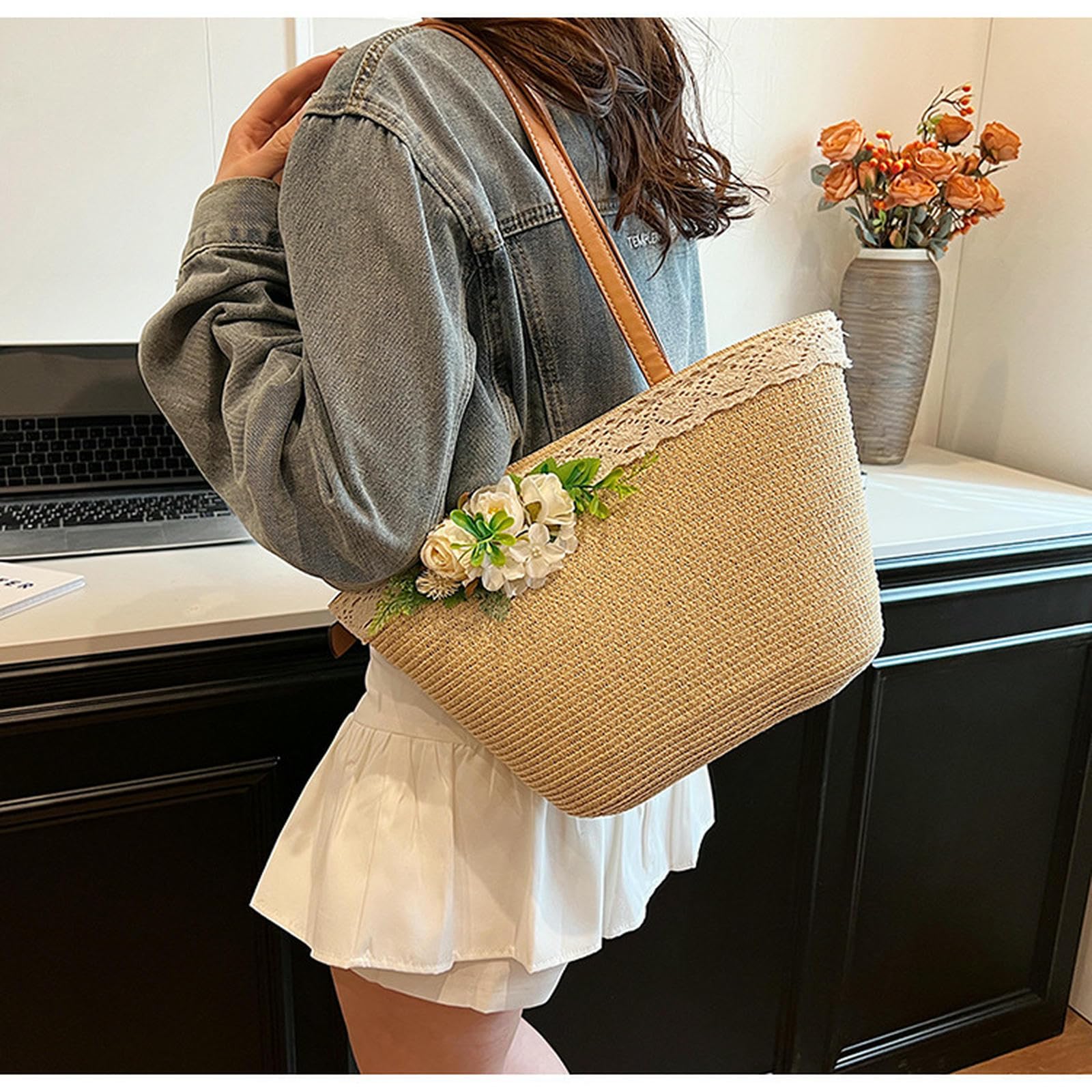 Strohtasche Damen Strohbeutel Frauen Sommerstrandtasche Große Kapazität Strohtasche Mit Zipper Beach Totes Gewebte Umhängetasche-beige