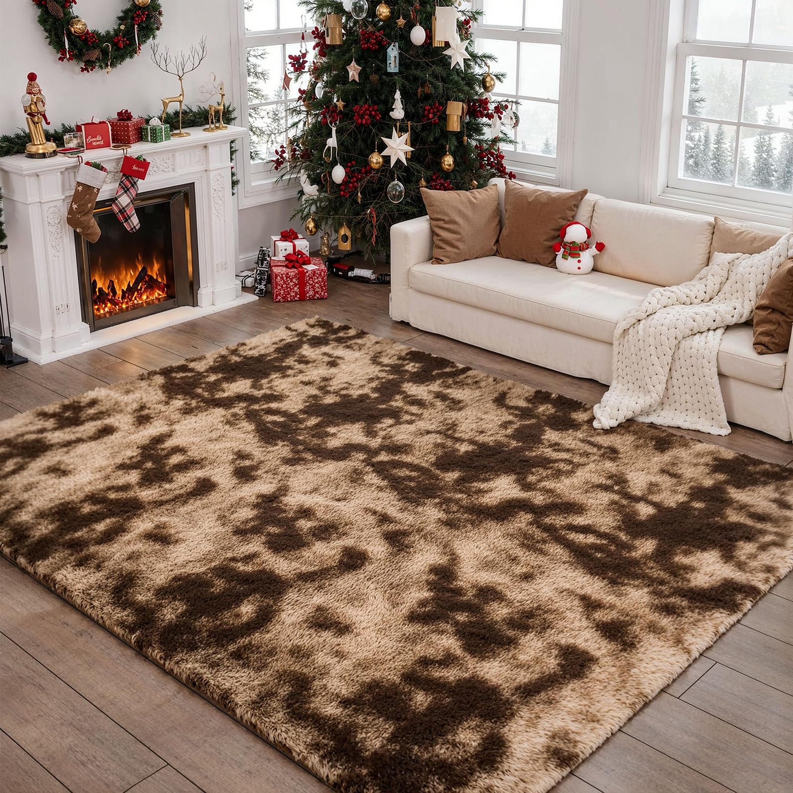 jianandi Alfombra de Salón, Alfombras Suaves y Mullidas para Dormitorio, Alfombra de Cabecera Lavable de Pelo Alto, Alfombra Relax para Salón y Dormitorio, Café Tie-Dye, 120cm×170cm