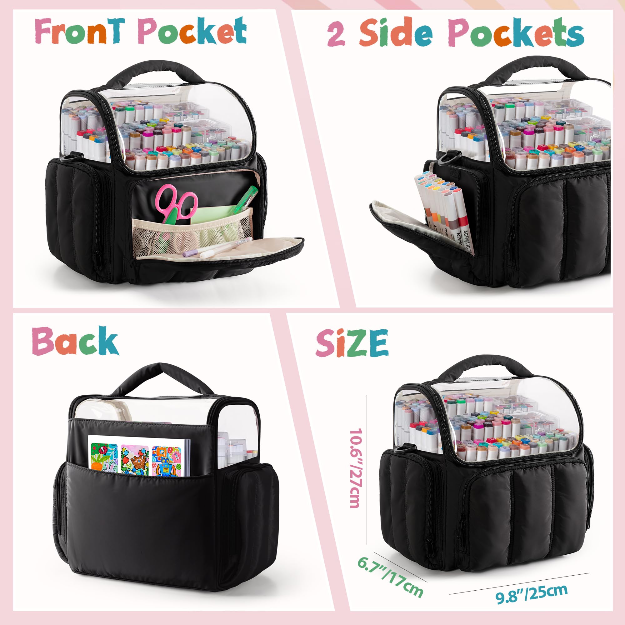 Rexmica Große Aufbewahrungstasche für 210 Marker Stifte, Gepolsterte Marker-Organizer-Tasche mit Schultergurt für Erwachsene, Künstler, Lehrer und Malbegeisterte, Schwarz (Leerer Beutel)