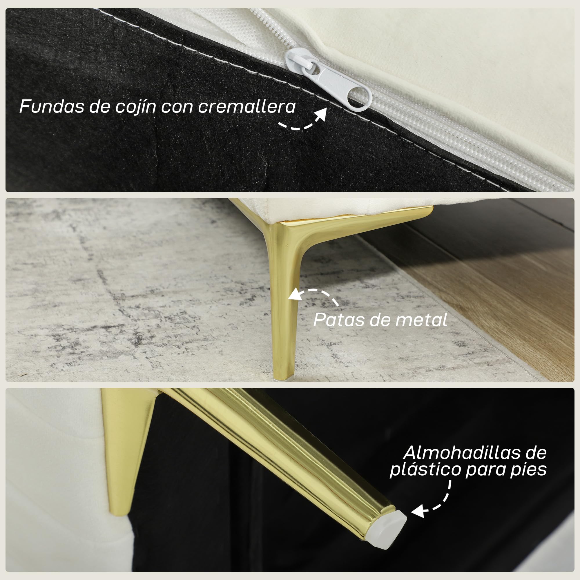 HOMCOM Sofá de 3 Plazas Tapizado en Terciopelo Sofá de Salón 181 cm Crema | Cojines Gruesos, Patas de Metal, Estructura de Madera, para Sala de Estar, Dormitorio, Oficina