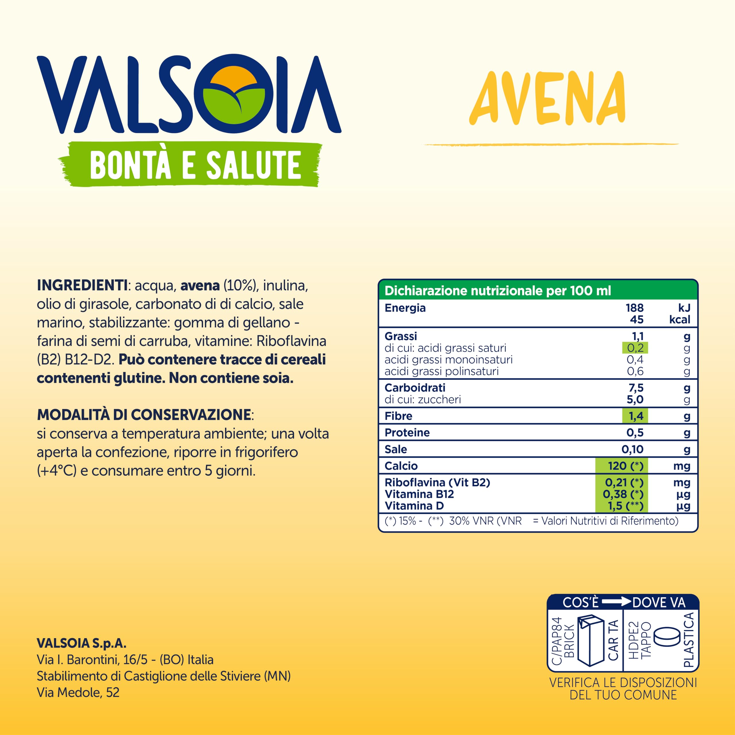 Valsoia - Bevanda Avena Drink, Box da 10 Tetra Brik da 1000 ml, 100% Vegetale, Senza Lattosio, con Calcio e Vitamine, Ideale anche per Vegani e Vegetariani, può Contenere Tracce di Glutine