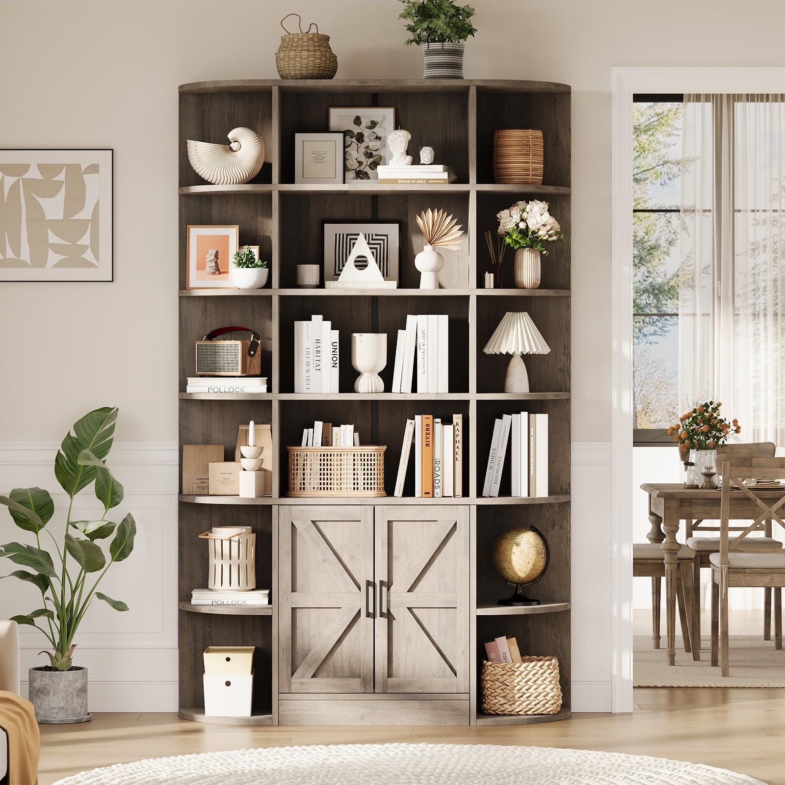 MegaChoice 75" Tall Bookshelf with Storage, 6-Tier Farmhouse Bookcase with Doors and Open Shelves, 47" Wide Freestanding Wood Book Shelf with Storage