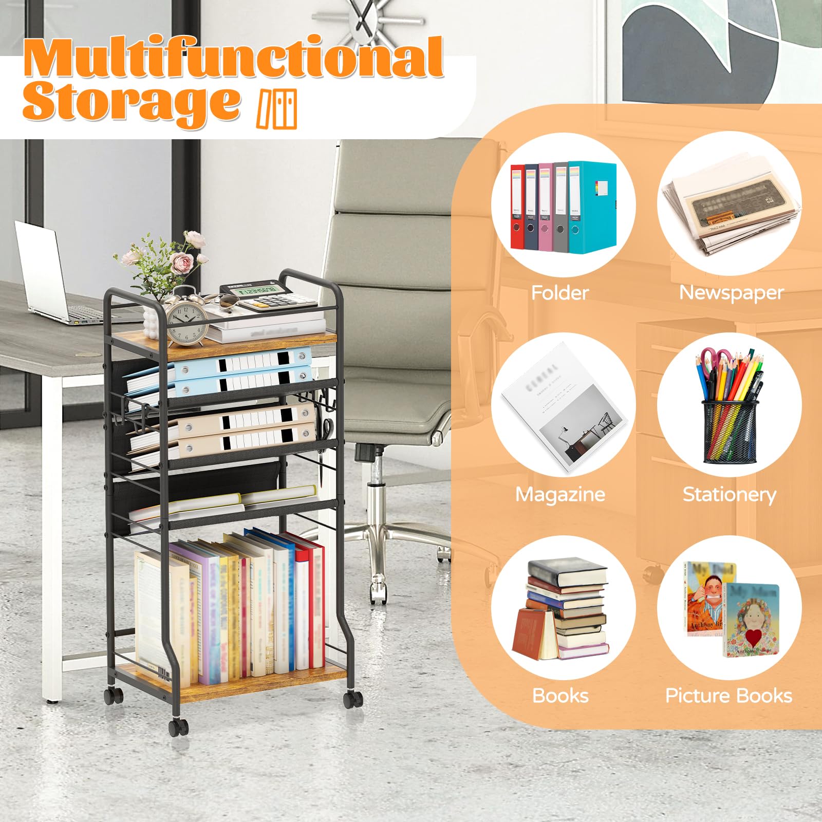 Rollbarer Aktenwagen mit 5 Ebenen, mobiler Bücherwagen mit Rollen, Metall, Holz, bewegliches Bücherregal, Tischregal, Büro, Papieraufbewahrung, Organizer für Zuhause, Schule, Lehrer,
