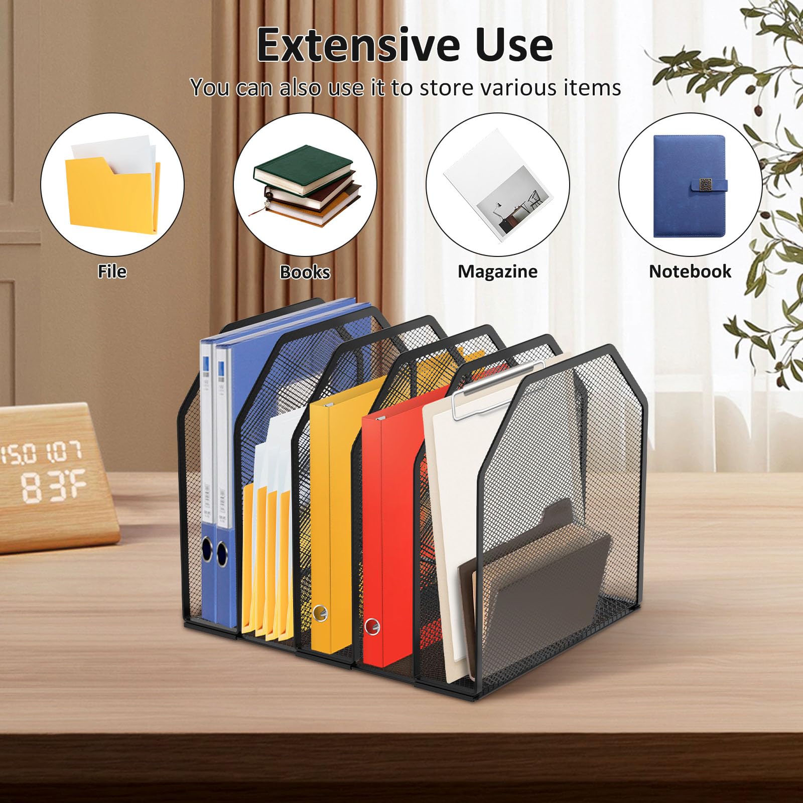 Organizador vertical de escritorio de 5/7 secciones de metal para escritorio, organizador de archivos de red ajustable, clasificador para casa (negro, 5 varillas)