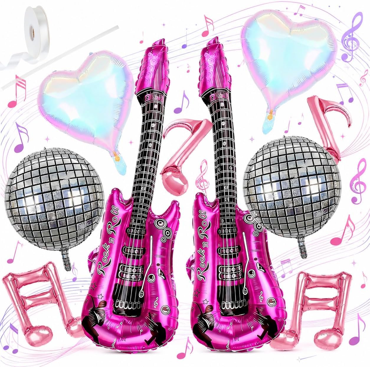 10 Pcs Music Party Foil Balloons, Guitar and Musical Note Balloons, Pink Disco Music Decorations for Birthday Concert Singer Theme Party and Festival