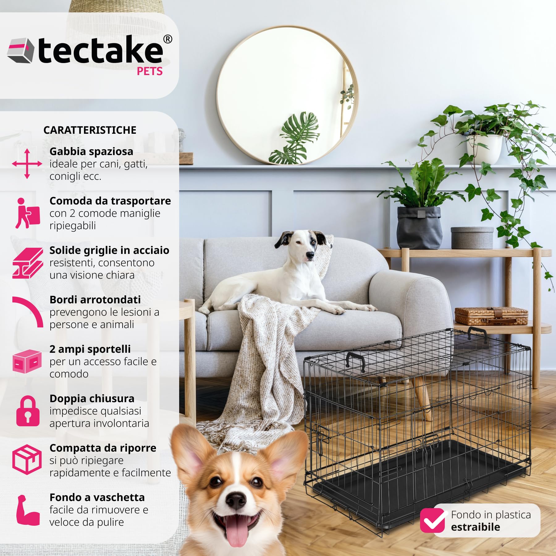 tectake® Trasportino Auto per Cani Spazioso, 78x48x52,5cm, Gabbia per cani con Griglia in Acciaio Robusta, per Gatti, Pieghevole, 2 Porte, Doppia Chiusura, Vasca Rimovibile, 2 Maniglie per Trasporto