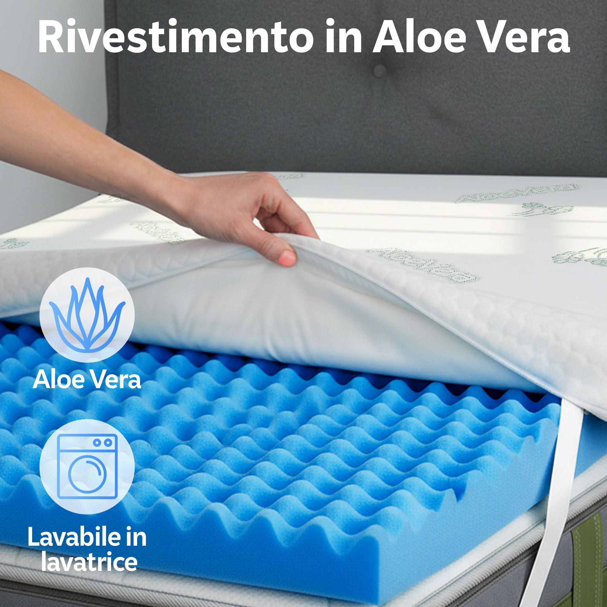 Topper matrimoniale 160x190 in Memory Foam ad Alta Densità 5 cm | Correttore materasso sfoderabile in Aloe Vera | Coprimaterasso imbottito Rinfrescante, massaggiante e traspirante | Made in Italy
