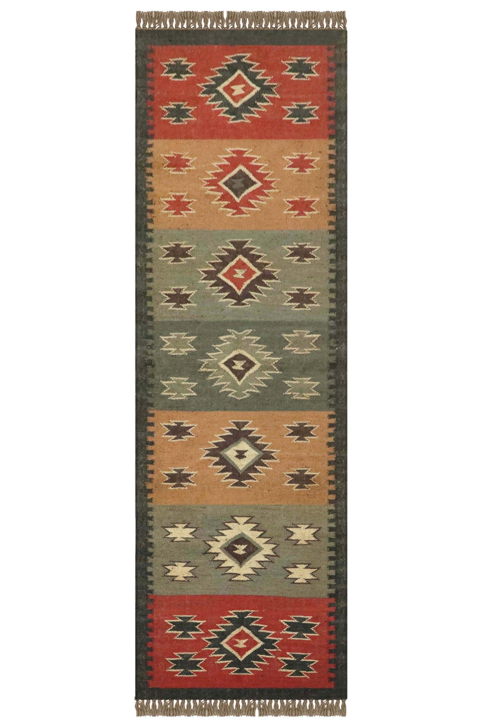 Läufer – Teppich Kelim, wendbar, Wolle, Jute, Südwestern, handgewebt, für drinnen und draußen, Flachgewebe-Teppich für Zuhause und Foyer, Flur, Treppenläufer