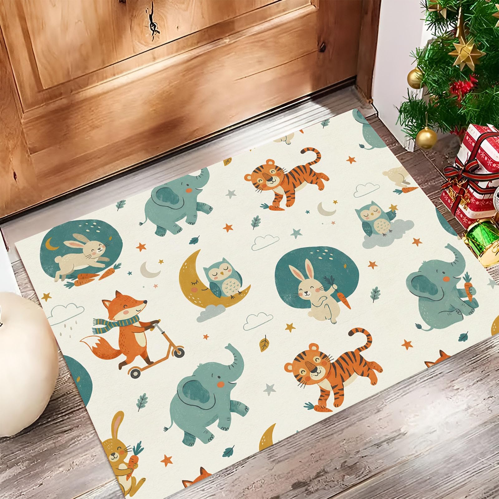 Felpudo de Entrada Conejo Elefante Luna, 80x120cm Alfombra para Puerta Animales Nocturnos Bosque, Antideslizante, Lavable Alfombrilla para Atrapar Suciedad para Pasillo, Cocina, Dormitorio