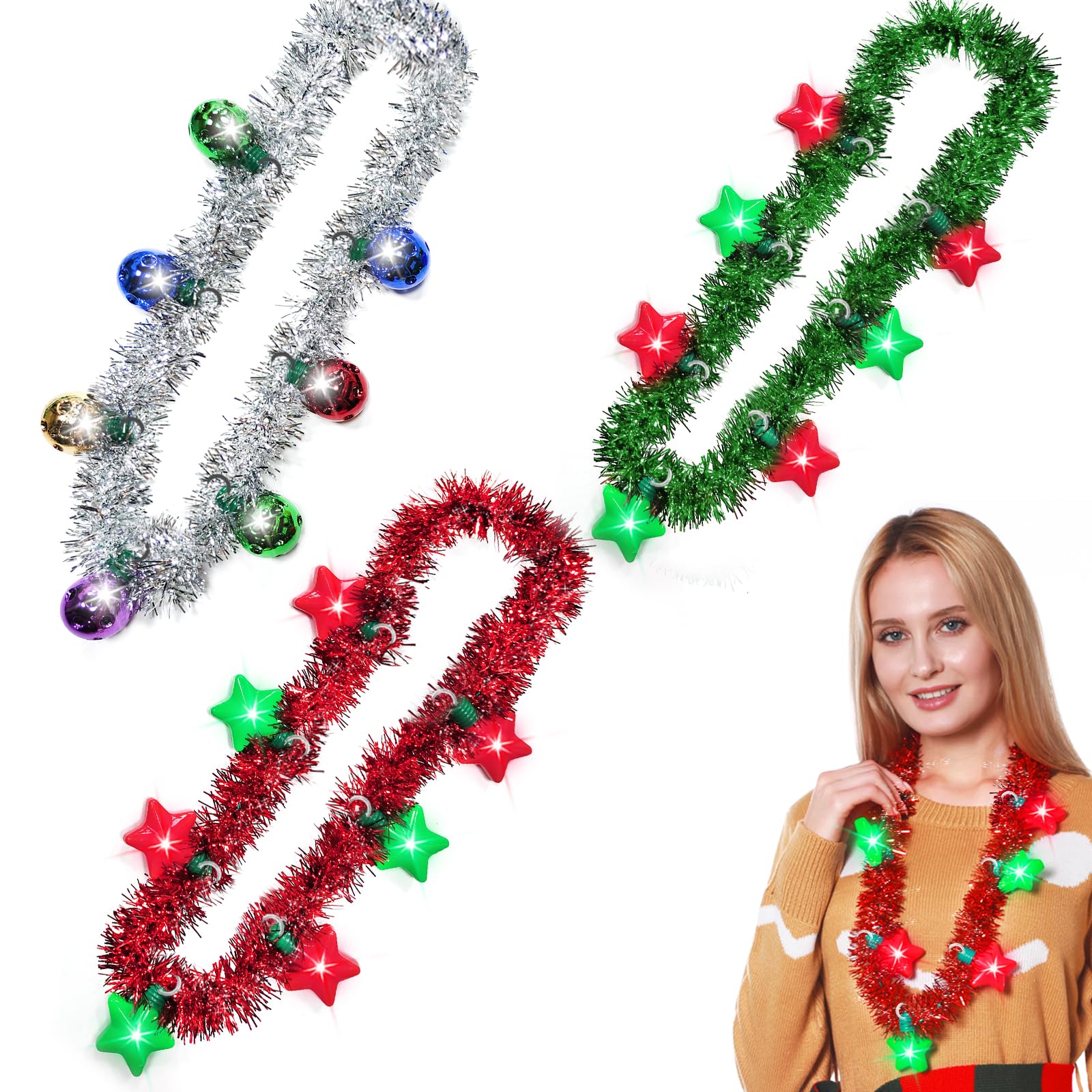 2 Pack LED Light Up Necklaces – Colorful Christmas Party Necklaces With 9 Bulbs | 3 Flash Modes For Festive Fun