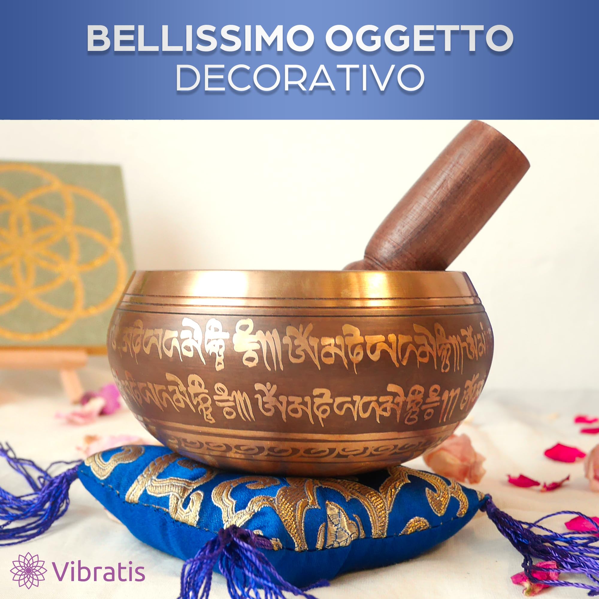 Campana Tibetana di Bronzo Fatta a Mano in Nepal Ø11,43cm– Cuscino, Batacchio in Legno, Scatola in Lotka – Meditazione – Rilassamento – Arredamento – Regalo Perfetto