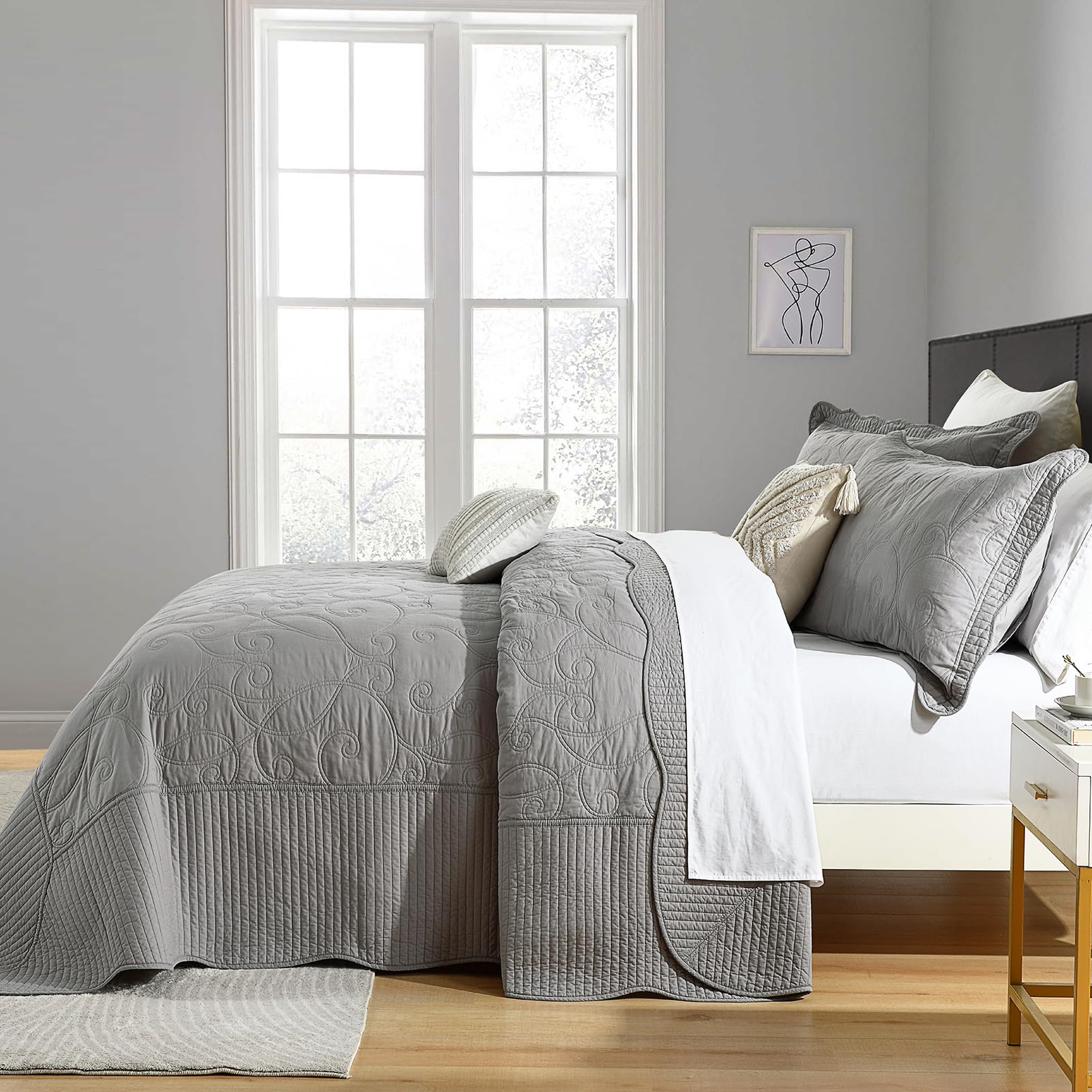 Übergroße Tagesdecke King-Size 304,8x304,8 Cm – 100% Baumwolle, Vintage Blumenmuster, Wendbar, 3-teilig, Blau/rot