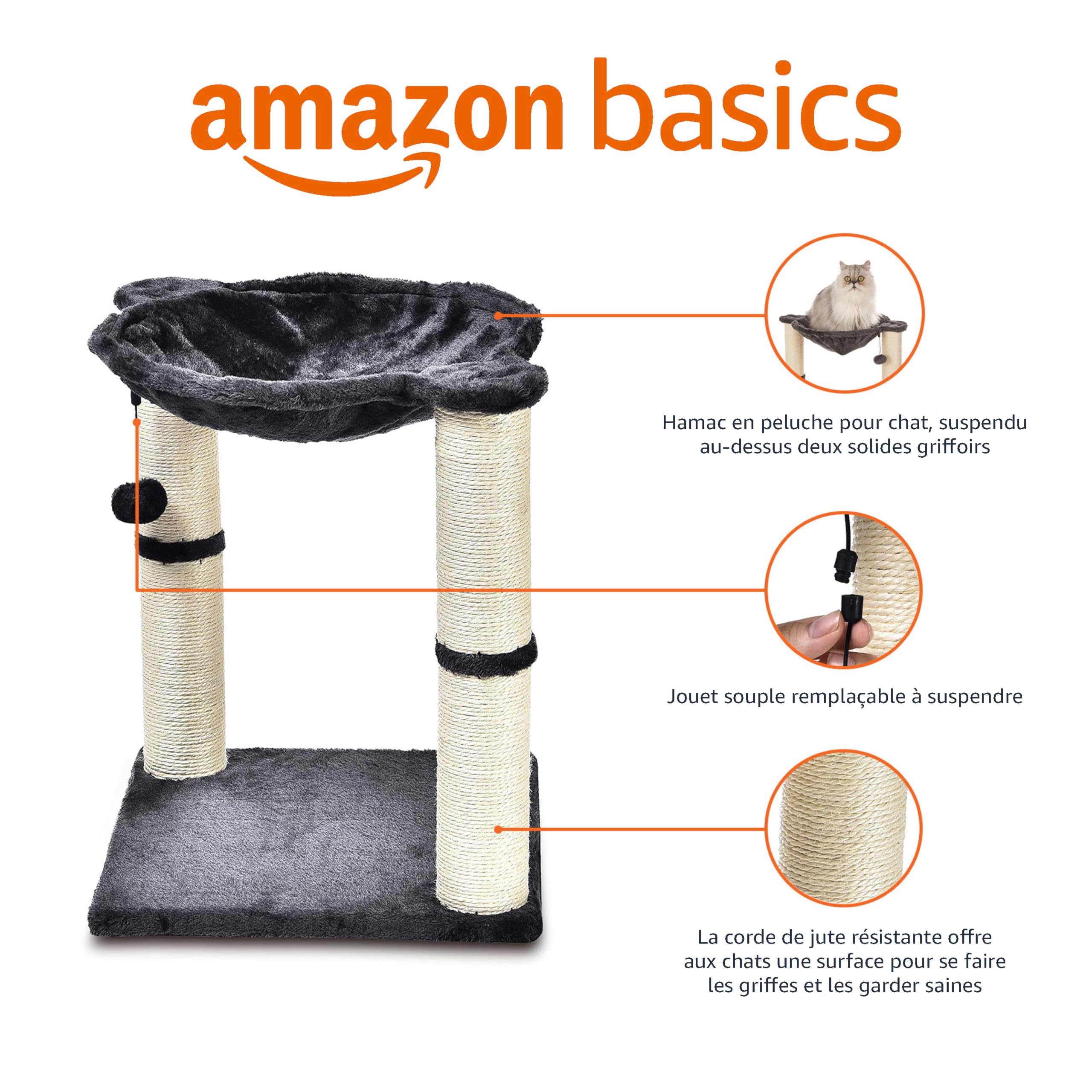 Amazon Basics Arbre à chat en forme de tour avec abri, lit hamac et griffoir - 41 x 51 x 41 cm, Gris