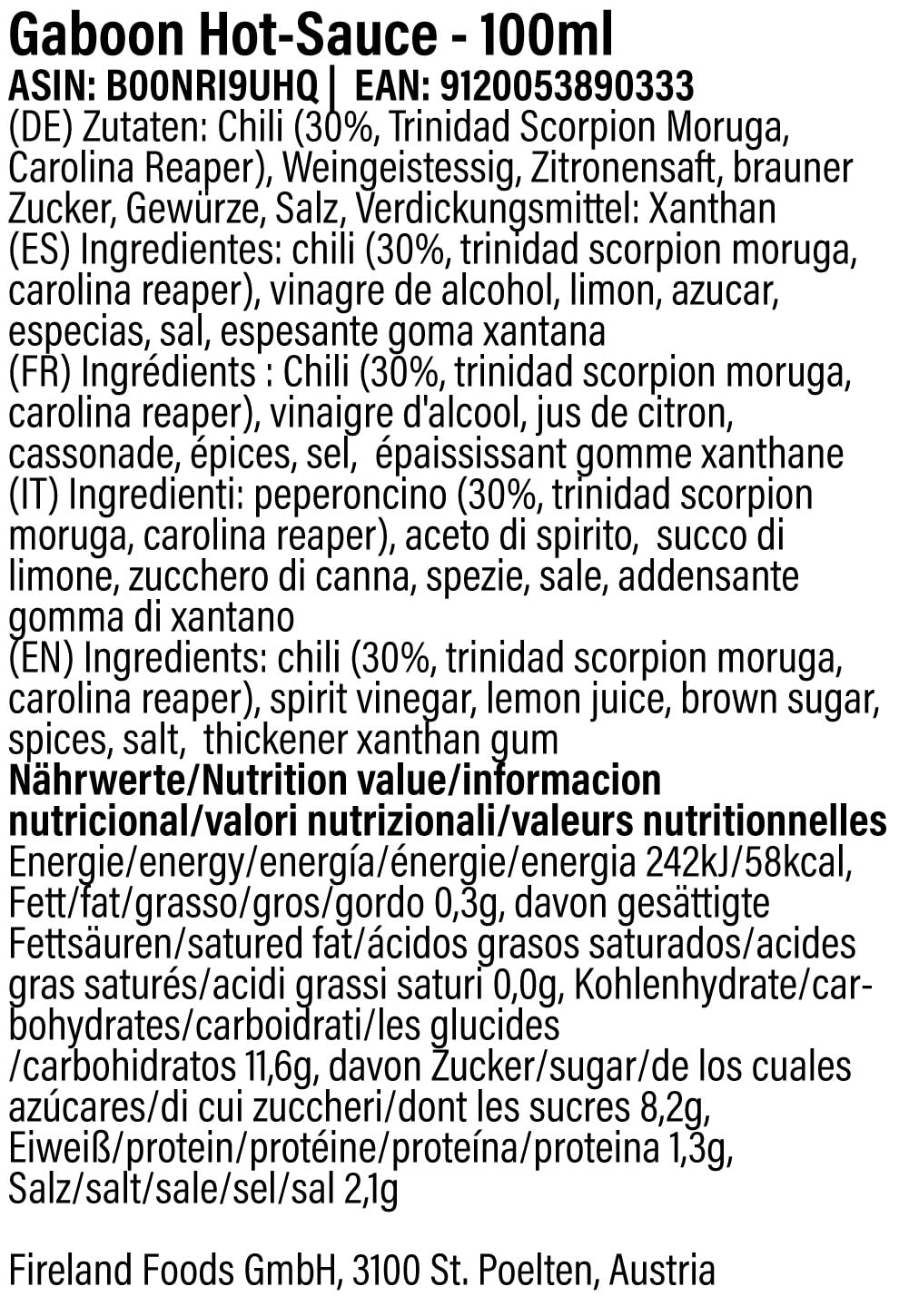 Fireland Foods - Sauce chaude Gaboon - Avec le piment le plus fort du monde - Carolina Reaper et Moruga - 100ml