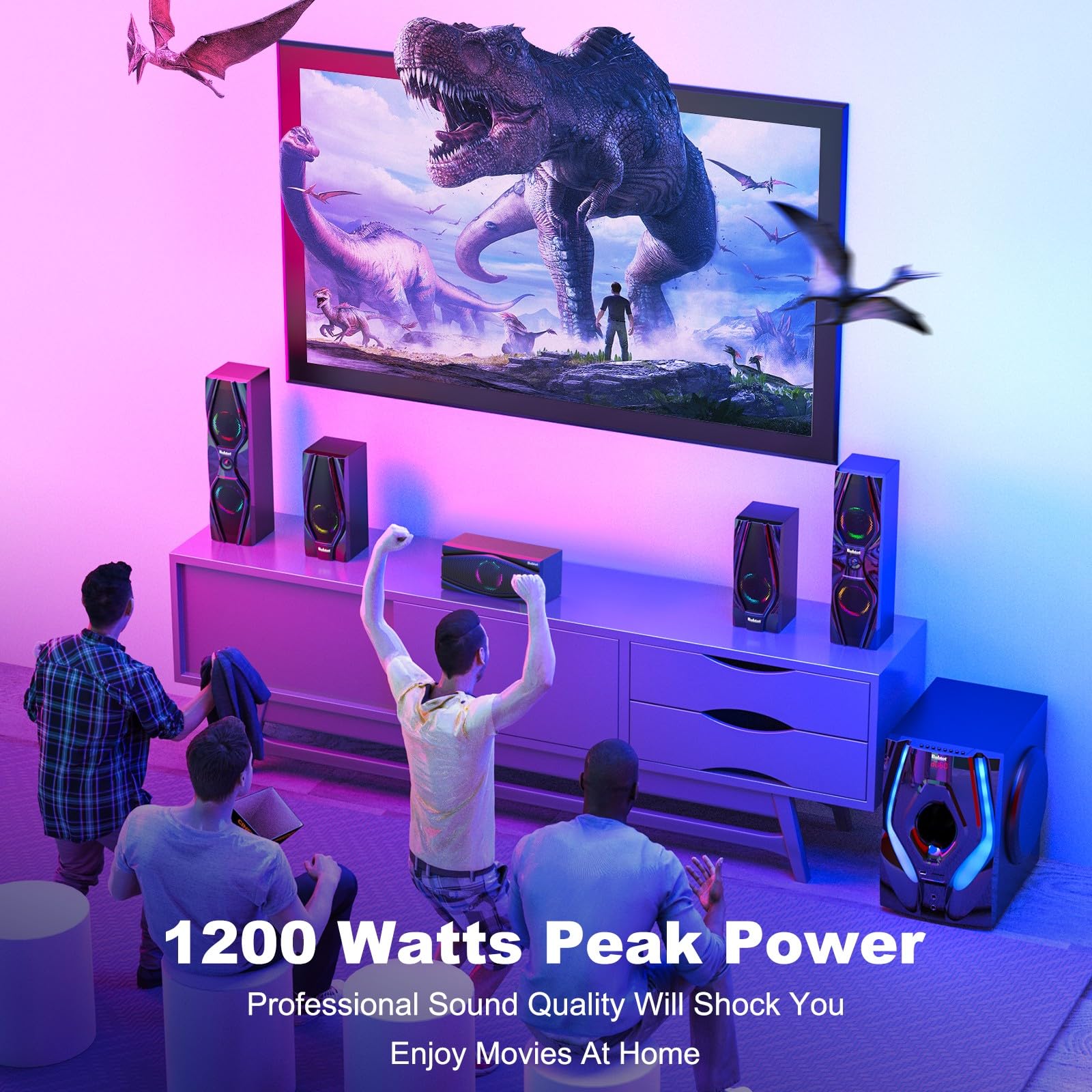 Bobtot Sistema home cinema con altoparlanti surround sound – 1200 Watt, subwoofer da 10 pollici, sistema audio 5.1 con ARC, ingresso Bluetooth ottico (adattatore da spina US a EU incluso nella
