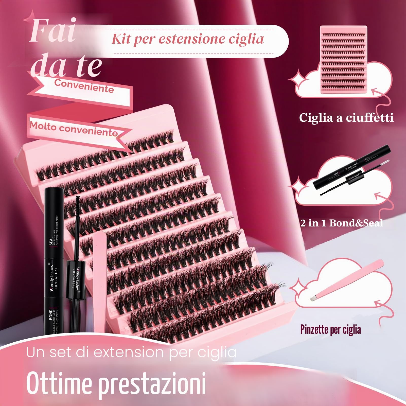 Wendy Lashes Kit Extension Ciglia 200PCS Clusters Lashes Kit D Curl 0,07 80D 8-16mm Ciglia Finte Individuali Fluffy Effetto 3D Cluster Eyelash con Lash Bond e Seal for DIY Lashes