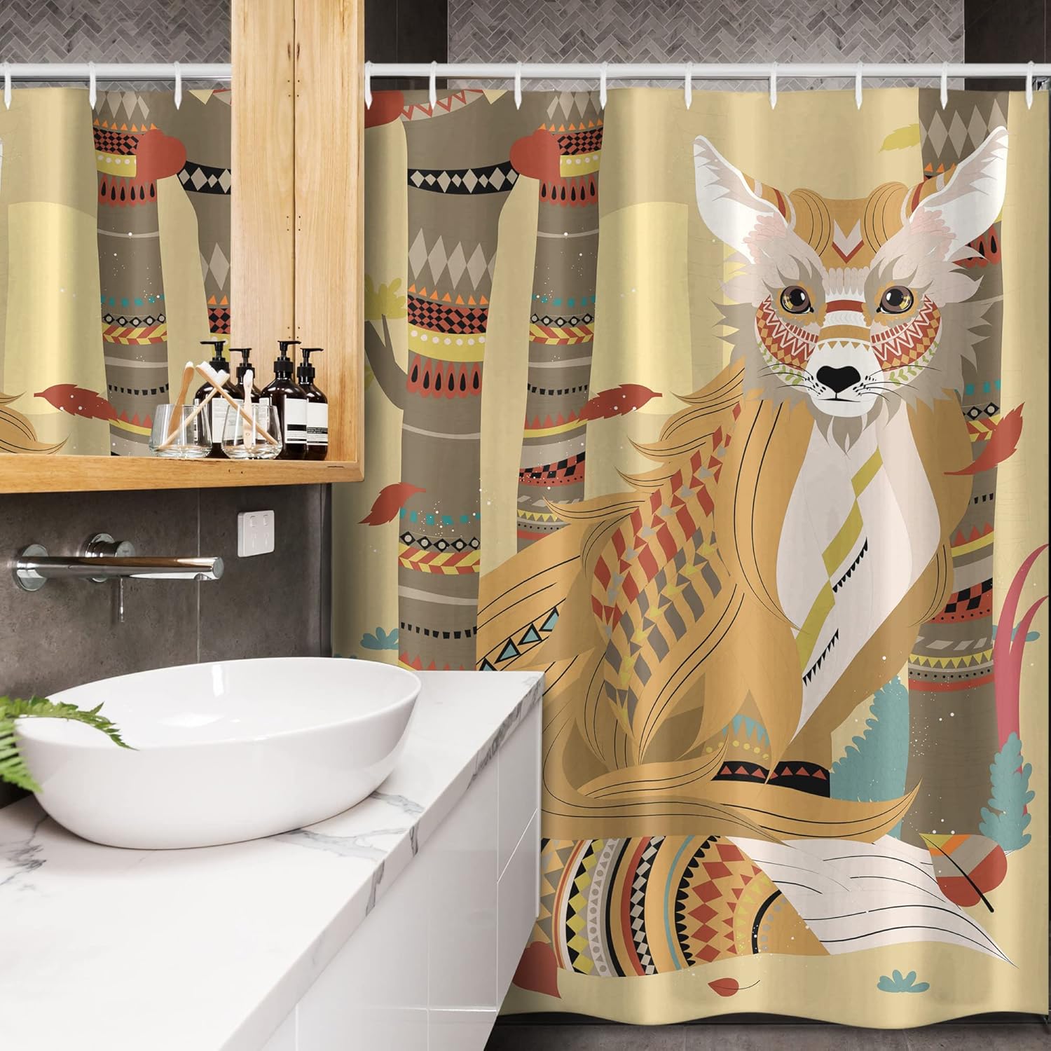 Ambesonne Fox Stall Shower Curtain, Animal Theme a Fluffy Wild Fox in The Forest and Tree Trunks Design Pattern Print, Fabric Bathroom Decor Set with Hooks, 54" W x 78" L, Pale Coffee