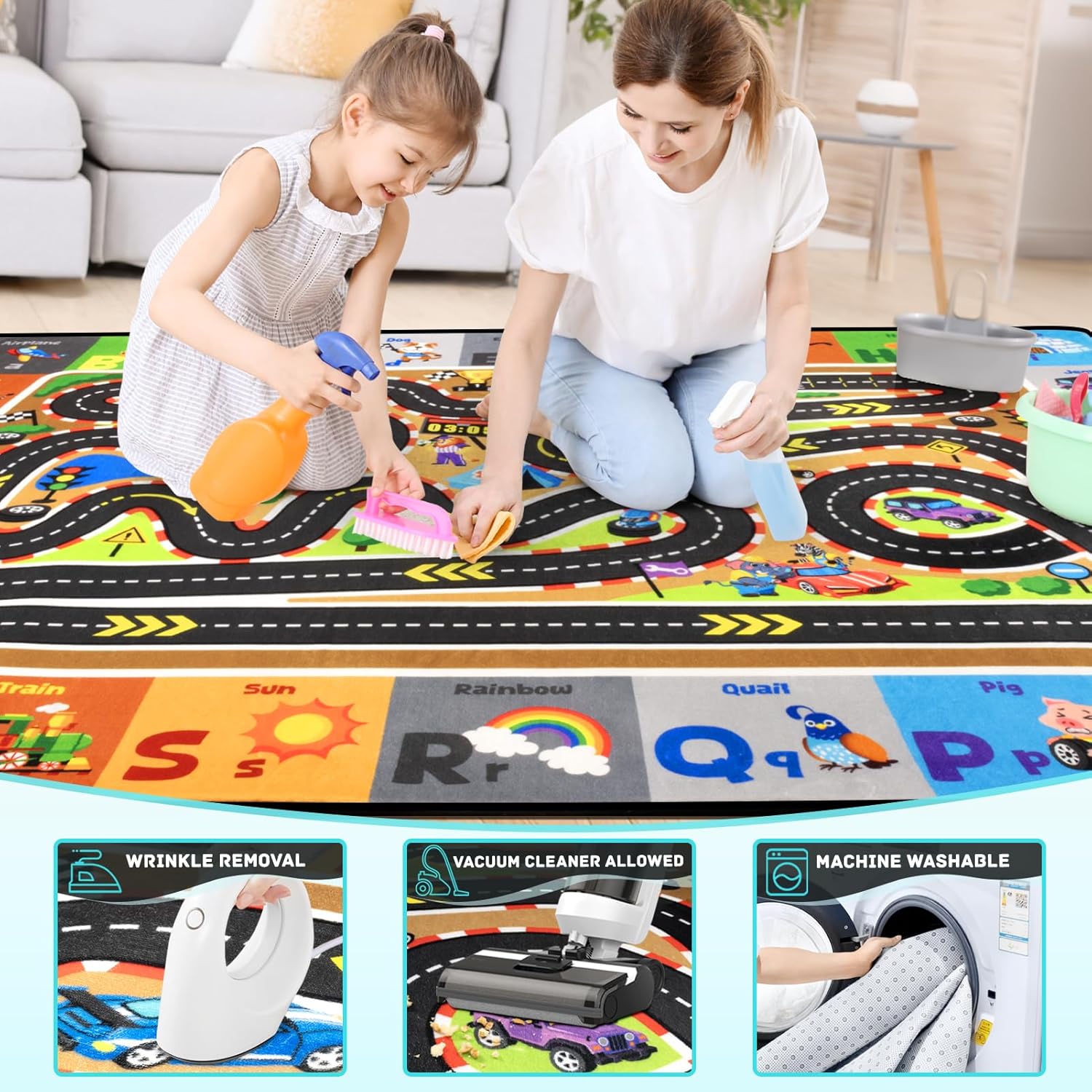 Race Track Car Rug 5x7FT Road Rug for Kids Toy Cars Non-Slip Play Carpet Baby Play Mat for Floor Washable ABC Alphabet Playroom Nursery Preschool Daycare Classroom Carpet