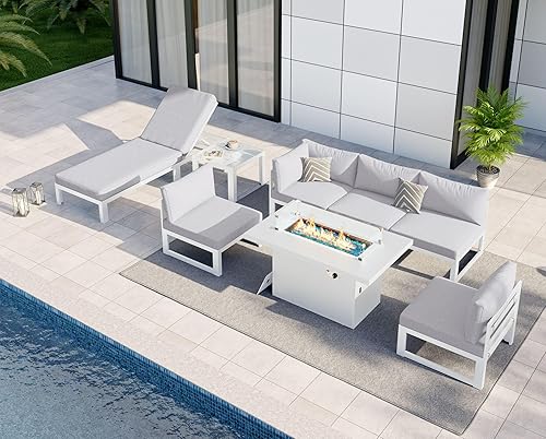 Miniatura 813 de NICESOUL 7 Piece White Powder-Coated Aluminum Patio Furniture with Fire Pit Table, 29 Inch Extra Wide Outdoor Sectional Sofa for 6, High-End Heavy