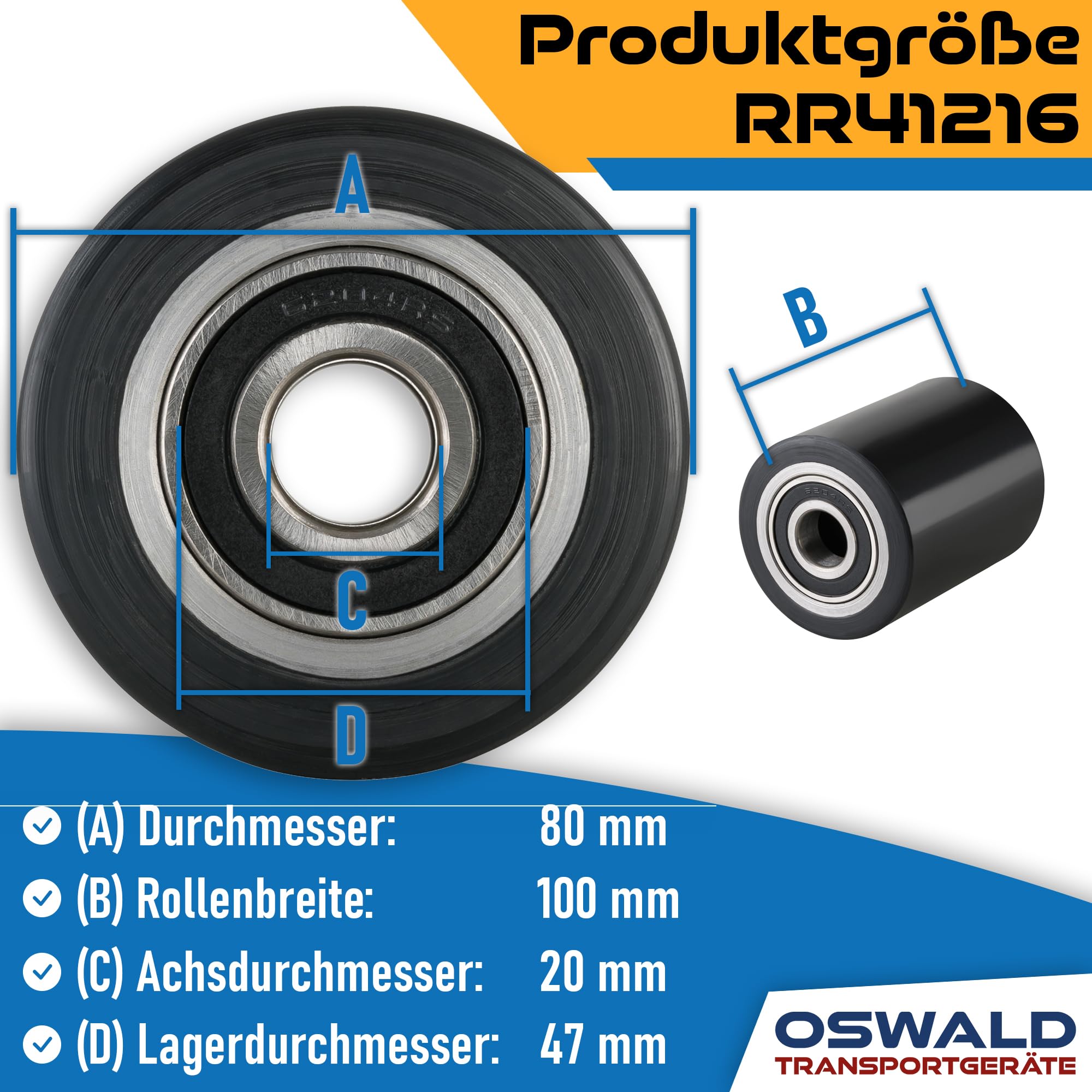 Hubwagen Rolle Polyurethan schwarz 80 x 100 mm, Achse 20 mm - Ersatzrolle inkl. Kugellager
