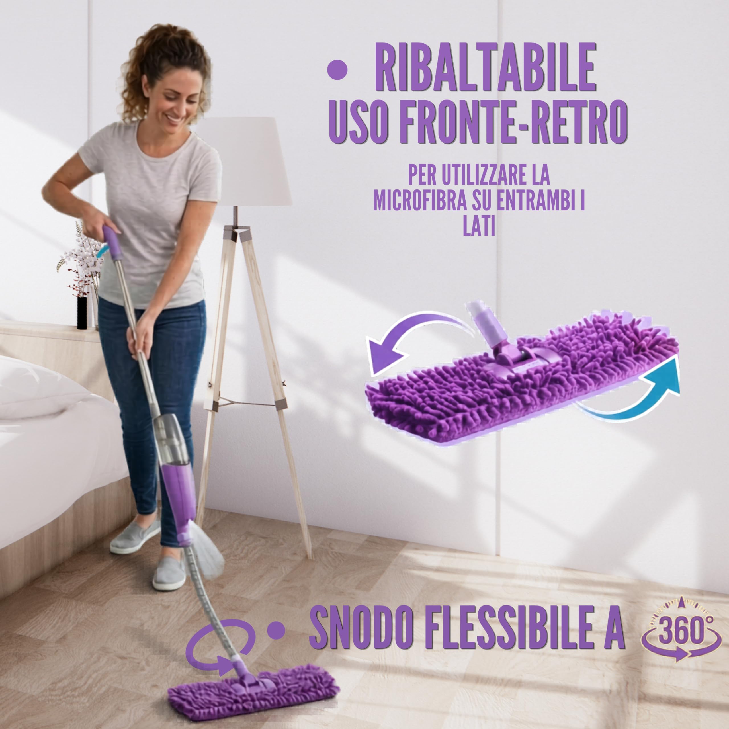 Meridiana Scopa Lavapavimenti a Spruzzo, Spray Mop Flexy mocio lavapavimenti, Piastra Ribaltabile 2 in 1, 2 Flaconi Ricaricabili e 2 Panni in Microfibra per lavare e 1 Panno cattura polvere duplefax