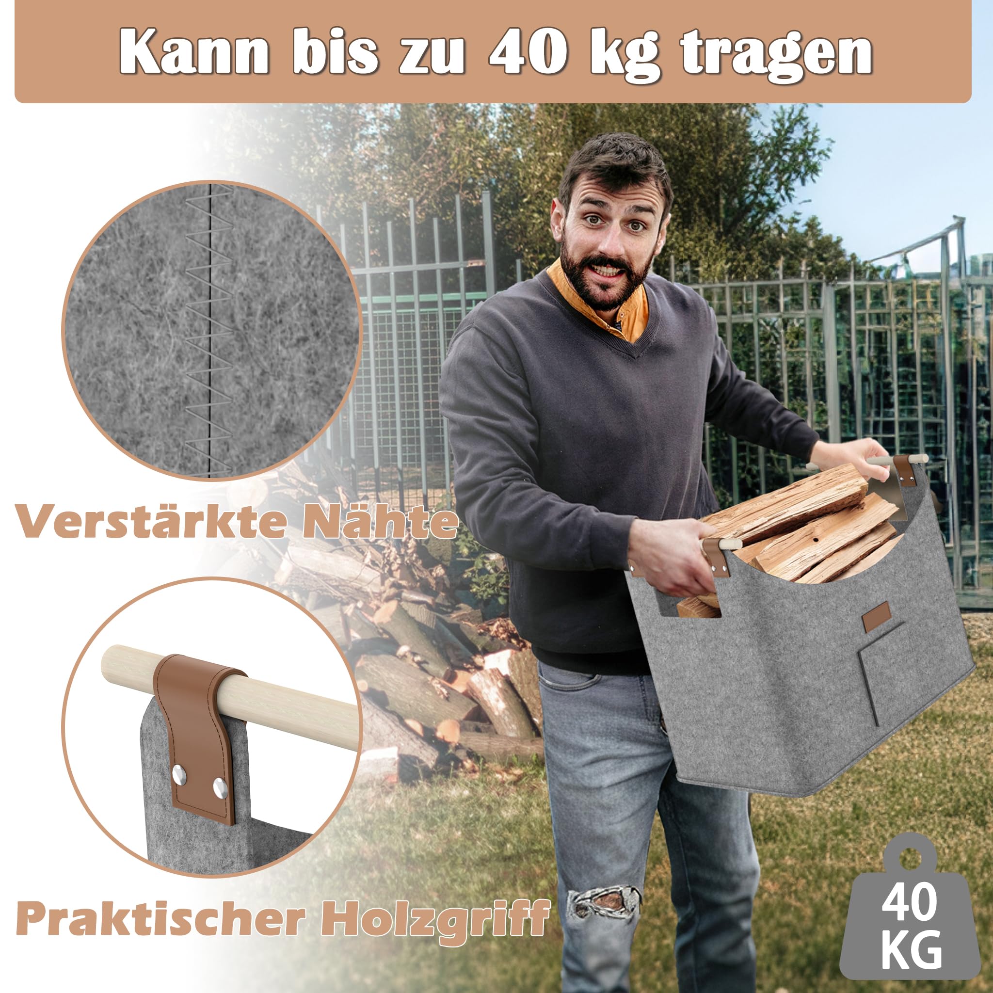 HENGMEI Brennholzkorb Filzkorb 4 Stück Holzkorb Kaminholz Filztaschen Extradickem Kaminholzkorb mit Griff Feuerholzkorb für Feuer Brennholz(50x32x40cm, Grau)