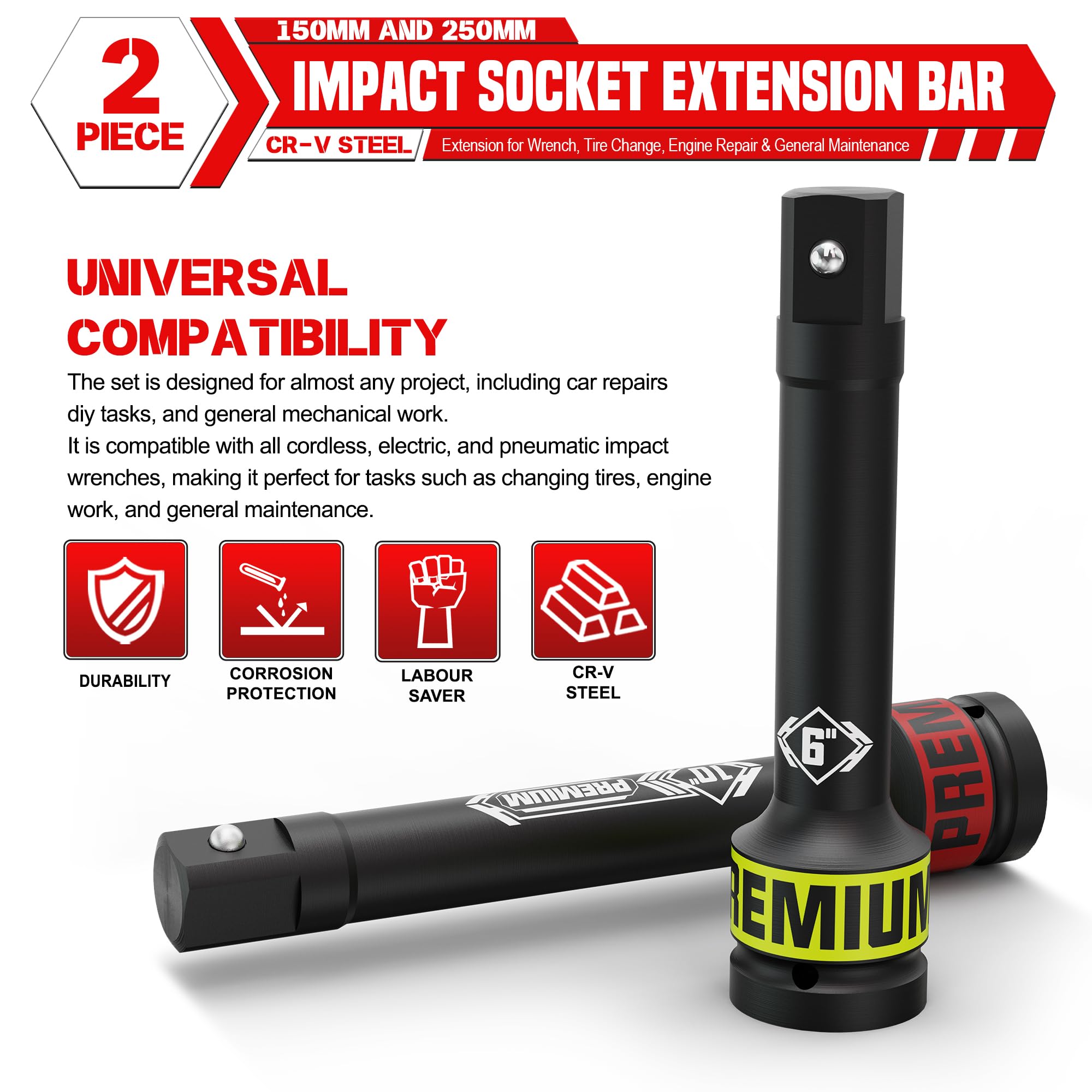 KIRXST 1" Impact Socket Extension Bar Set, 2 Piece Drive Extension Bar 150mm 250mm - Image 4