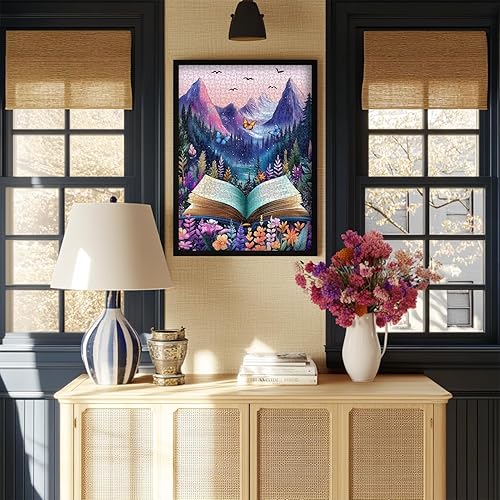 Miniatura 7 de Rompecabezas de libros coloridos para adultos, 1000 piezas, PICKFORU Impossible Nature Mountain Forest Puzzle Butterfly Bird, tema único de plantas