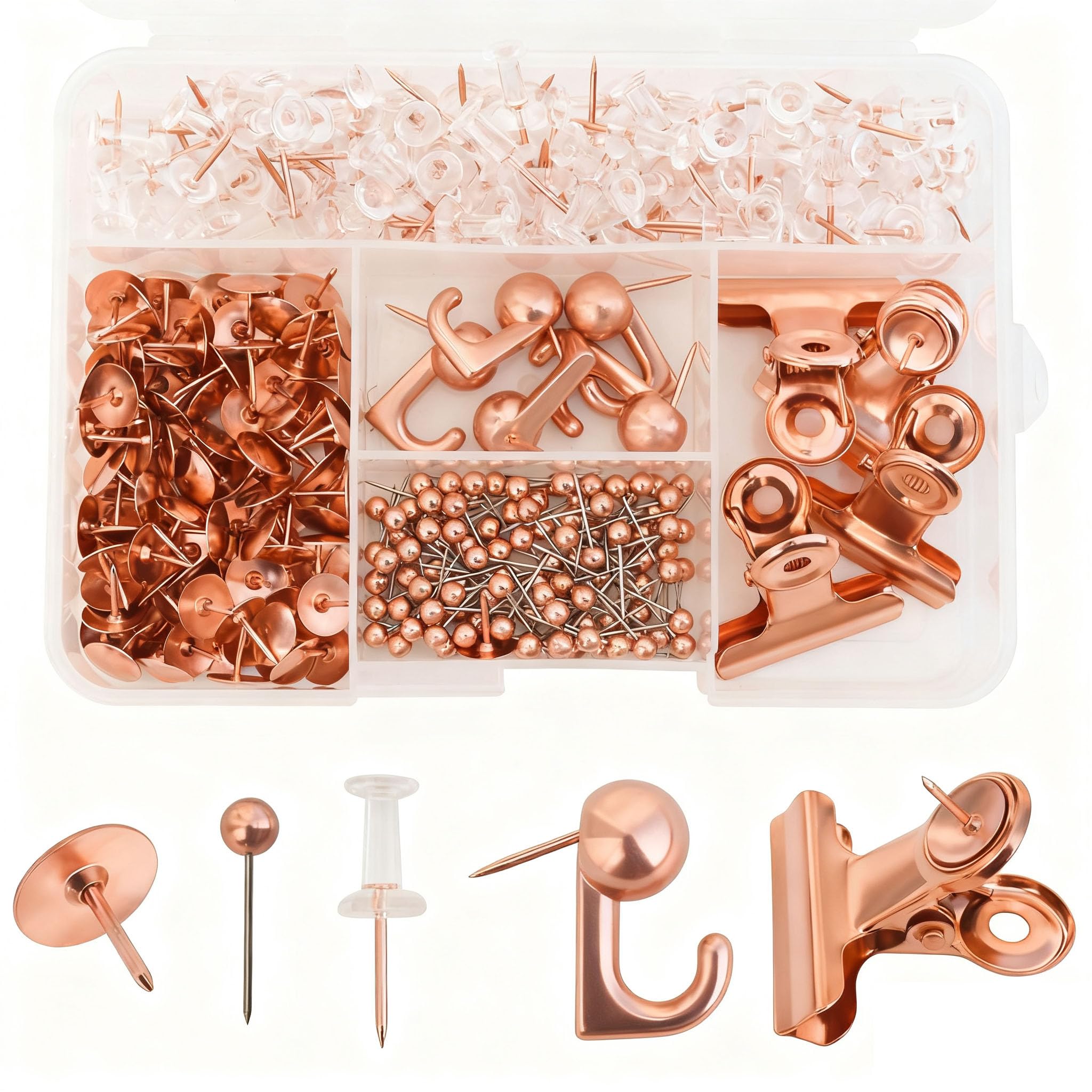 310-Piece Rose Gold Push Pin Set with 5 Styles - Decorative Thumb Tacks, Map Tacks, Clips & Hooks for Bulletin Boards, Office & Home Organization - Durable Plastic Storage Box Included（Rose Gold）
