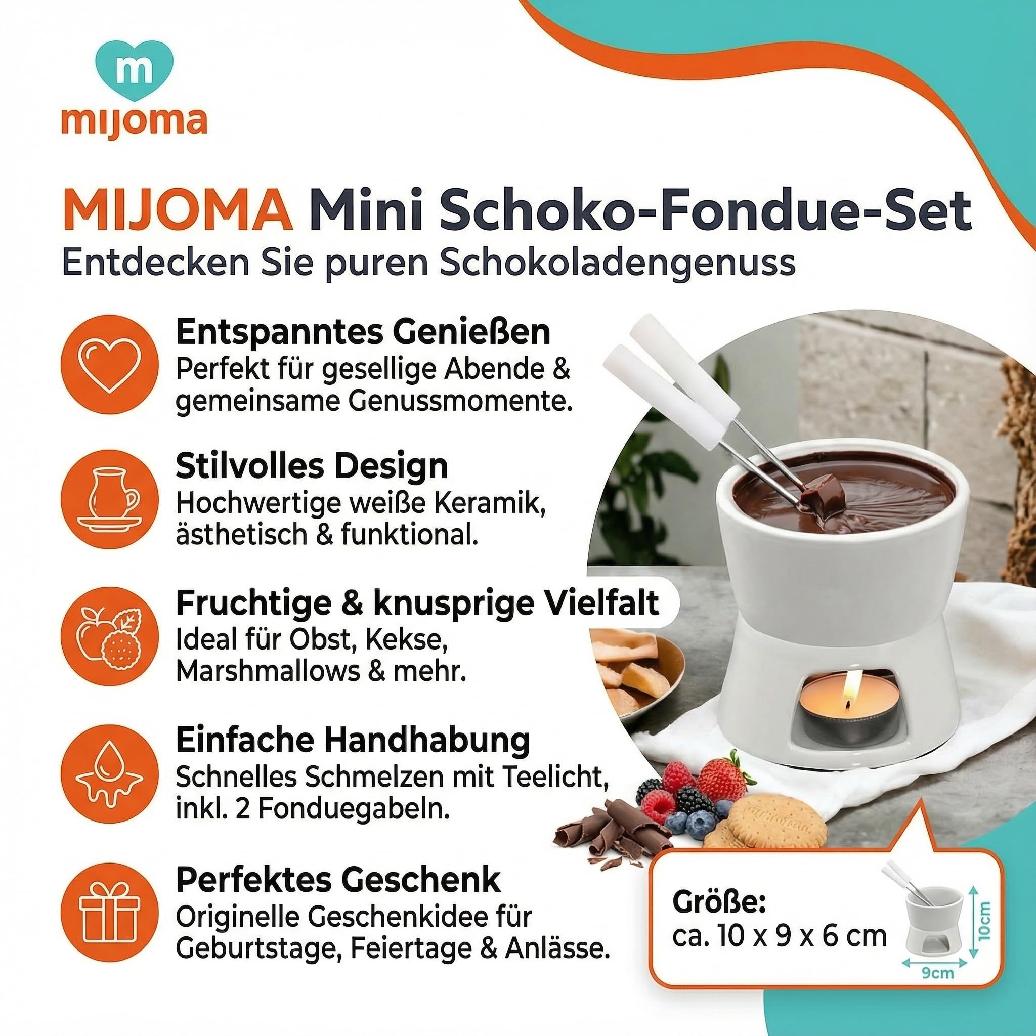 MIJOMA Mini set per fonduta di cioccolato – Scopri il puro piacere del cioccolato – Design alla moda ed elegante in bianco, con 2 forchette per fonduta, ideale per biscotti e frutta, ceramica, 10 x 9