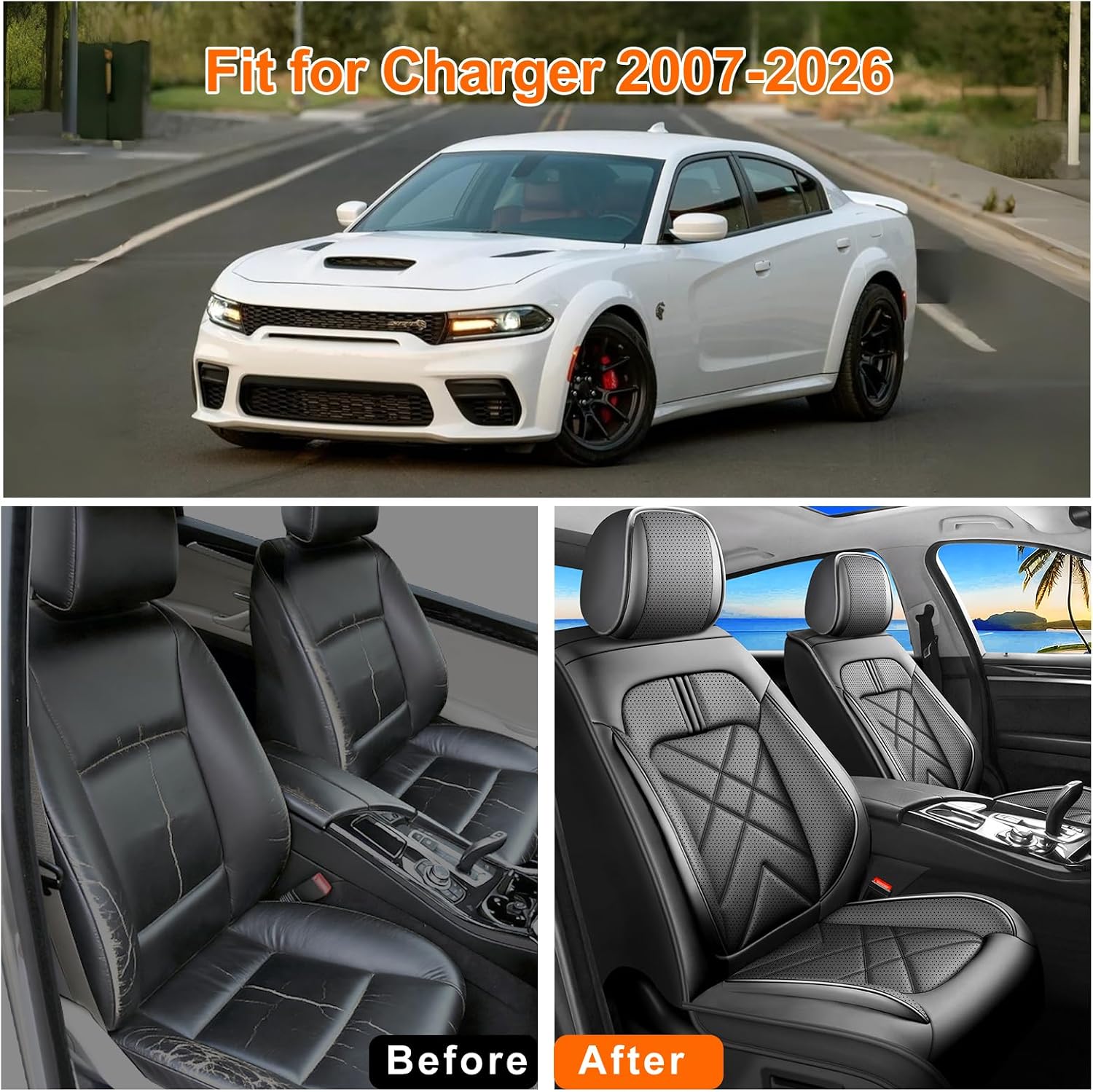 Charger Car Seat Covers Custom Fit for Dodge Charger 2007-2023, Premium Full Coverage Leather Automotive Seat Protectors, All Seasons Waterproof Breathable, Airbag Compatible, (Full Set, Black