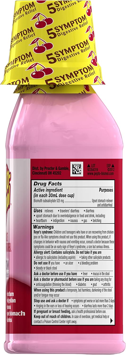 Pepto-Bismol Cherry Liquid 5 Symptom Medicine - Including Upset Stomach & Diarrhea Relief, 8-Fluid Ounce Bottles (Pack of 6)
