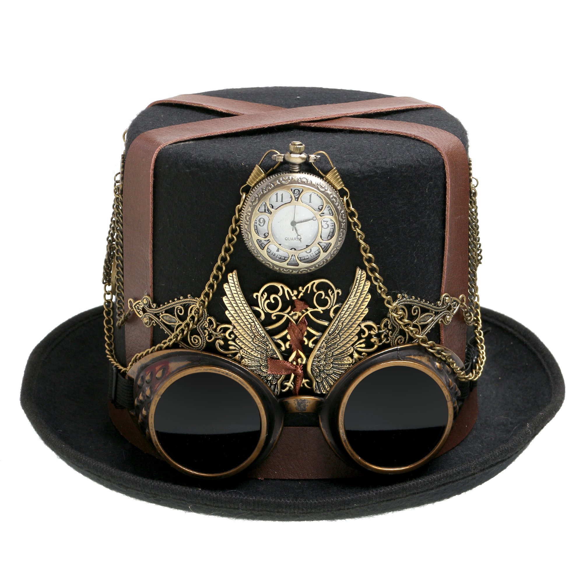 ILOVEMASKS Time Steampunk Clock Top Hat with Removable Goggles and Pocket Watch Charm Steam Punk Gears Black