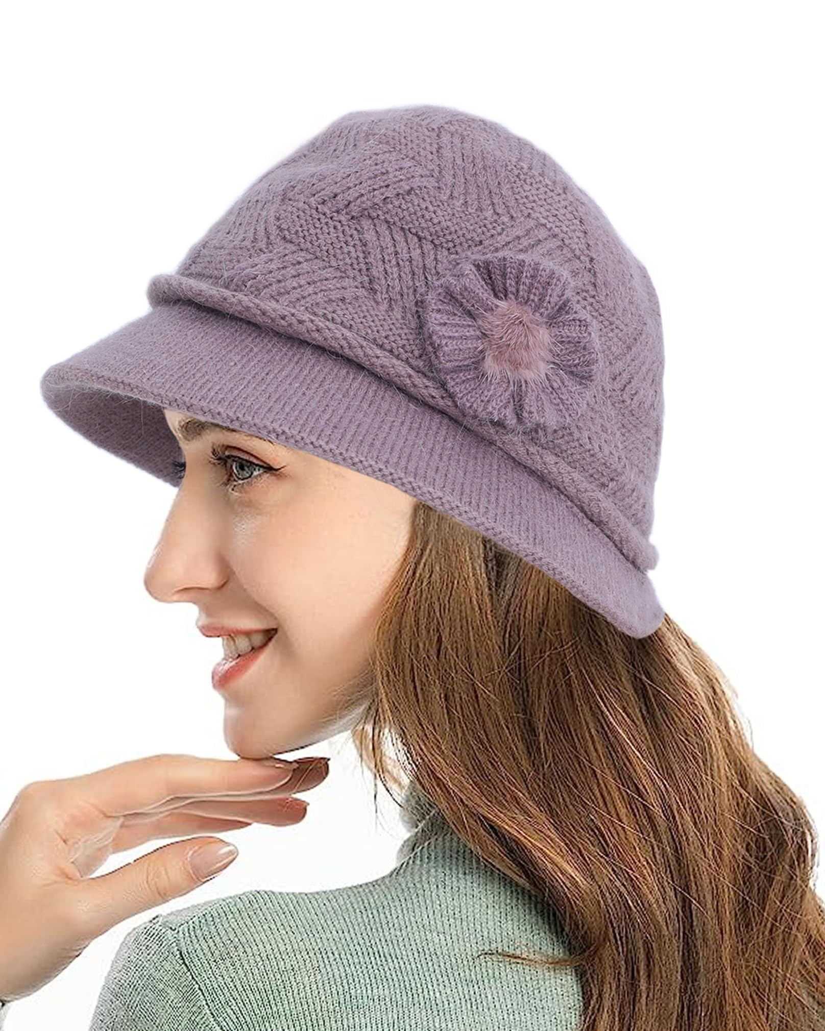 Yutdeng Gorros Invierno Mujer Gorro de Punto Gorro Pescador Gorra Elegante Floral Gorro Lana Bucket Hat Sombrero Invierno Beanie Suave Plegable Gorras con Borde Gorros de Lana para Mujer