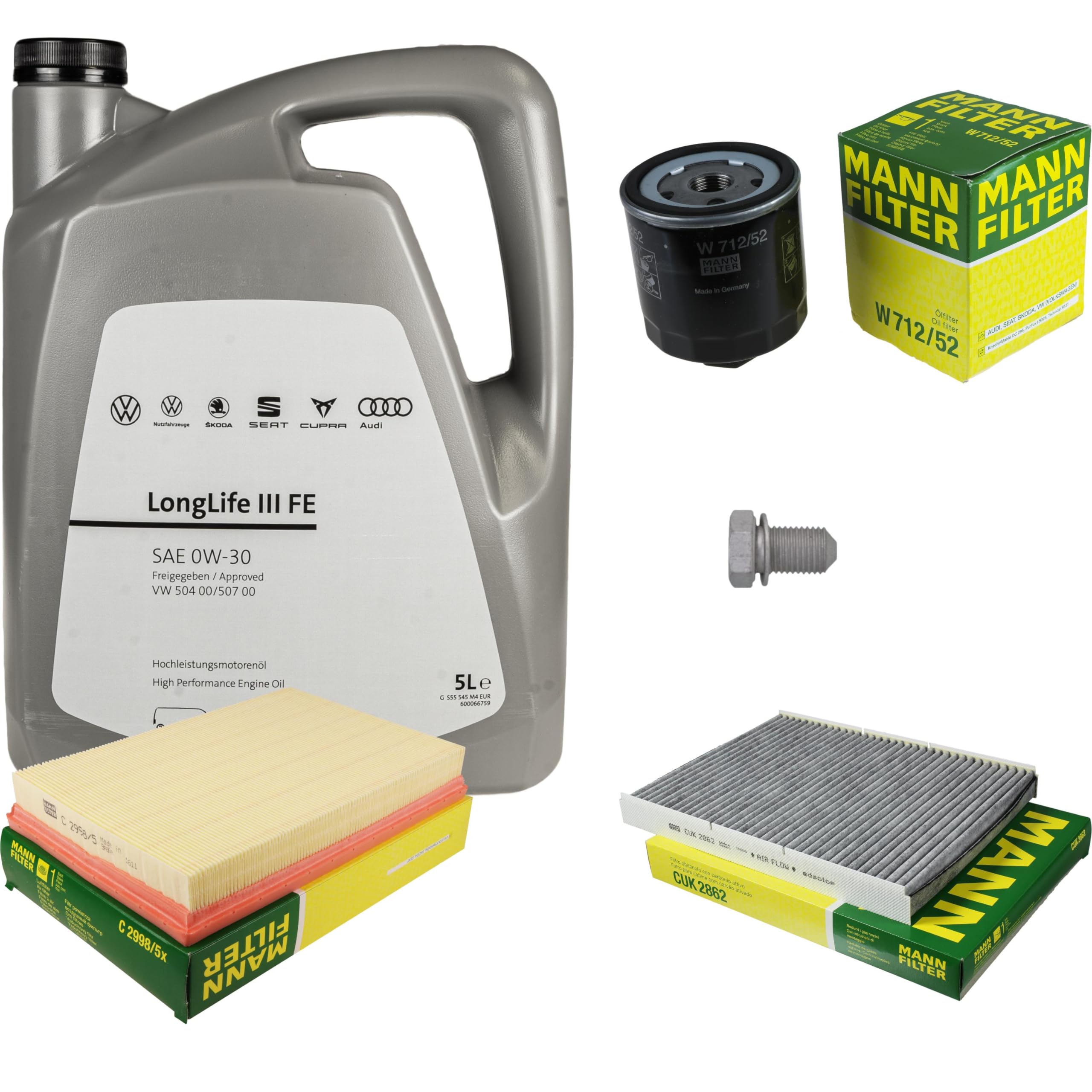 Pacchetto di ispezione pacchetto di manutenzione filtro con 5 l 0W-30 olio motore LongLife 3 FE, filtro dell'olio, filtro dell'aria abitacolo (carbone attivo) vite di scarico dell'olio