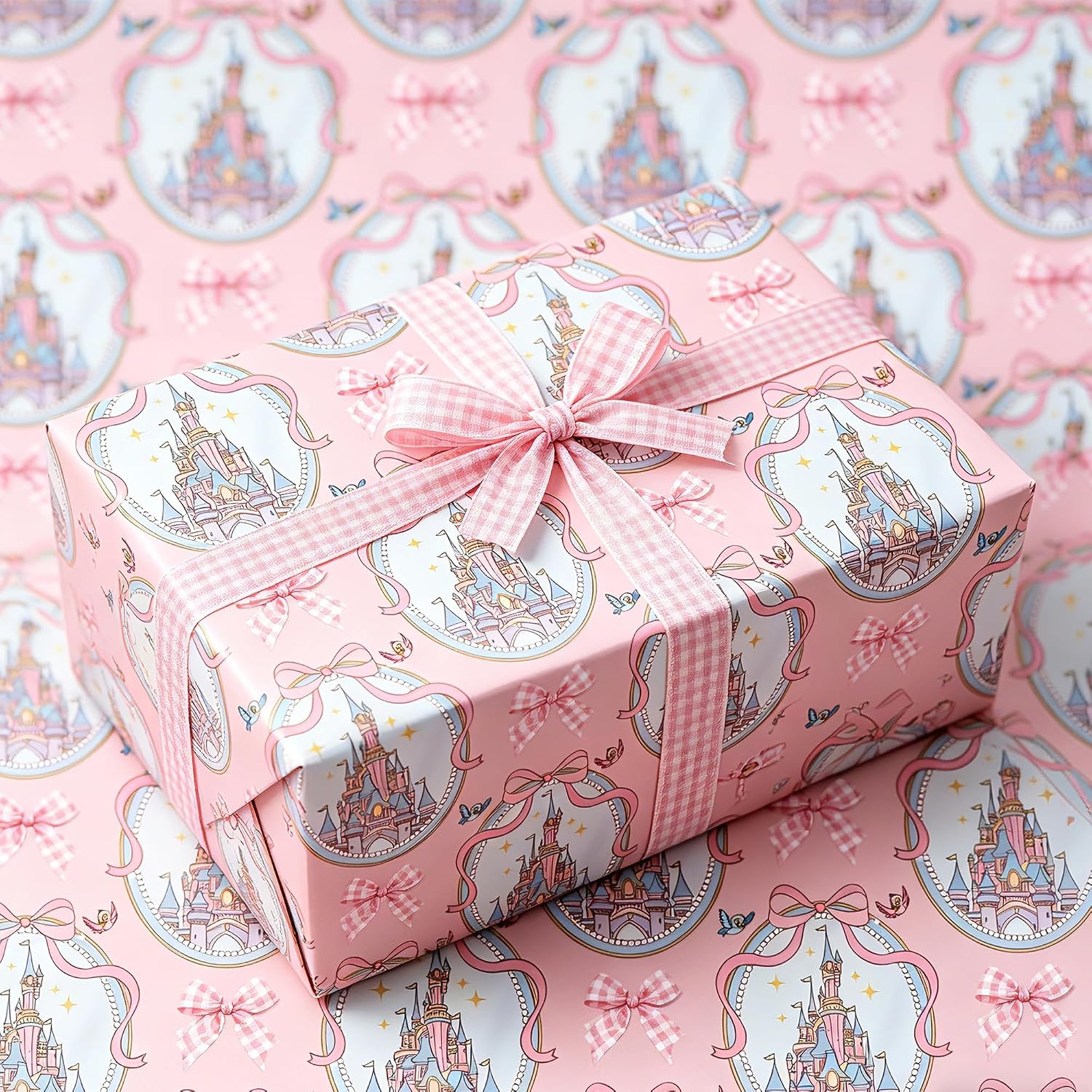 Dlyrroba Princess Wrapping Paper Roll for Girls - Pink Gift Wrap with Castle Bow Design for Birthday Party Baby Shower 17 Inch x 16.5 Feet image 3