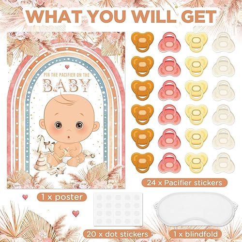 Miniatura 3 de Faccito Pin The Chupete Juego de baby shower, decoración de fiesta de baby shower, incluye póster grande, 24 calcomanías para chupete, juego para