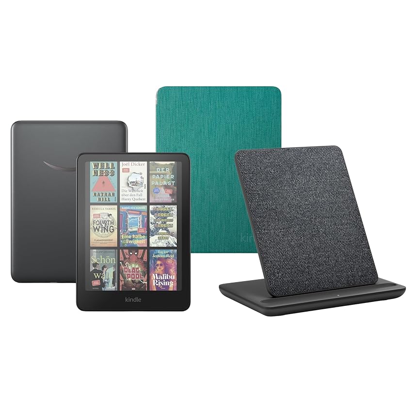 Kindle Colorsoft Signature Edition (32 GB) Con custodia trasparente verde giada e Stazione di ricarica wireless