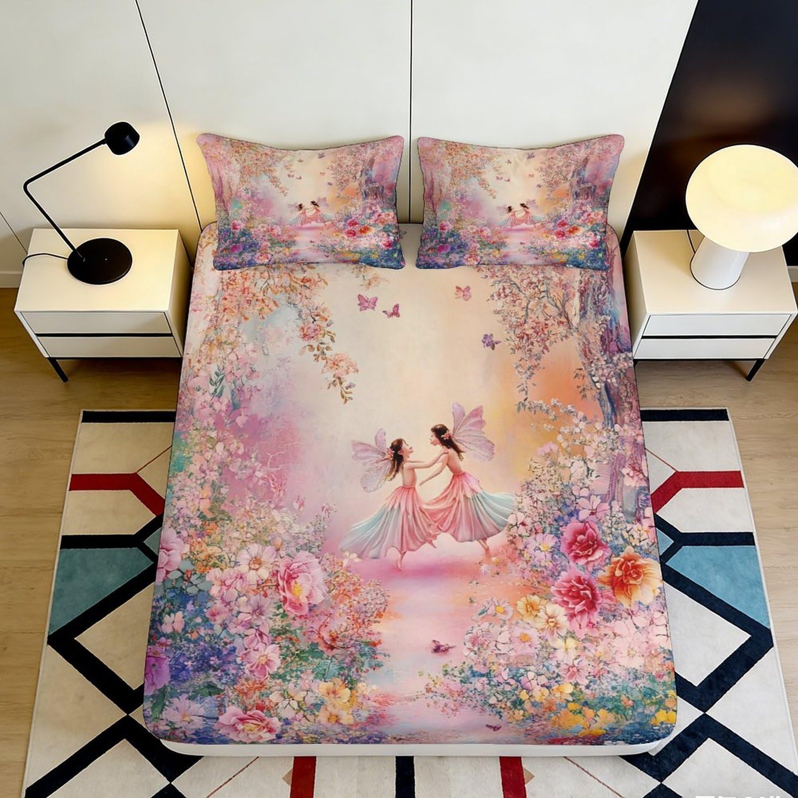 3D Printed Fairy Tale Fitted Sheet Microfiber Soft Breathable Flower Garden Bed Cover for Bedroom Dormitory Guest Room Mattress Protection Decor 180x200x25cm