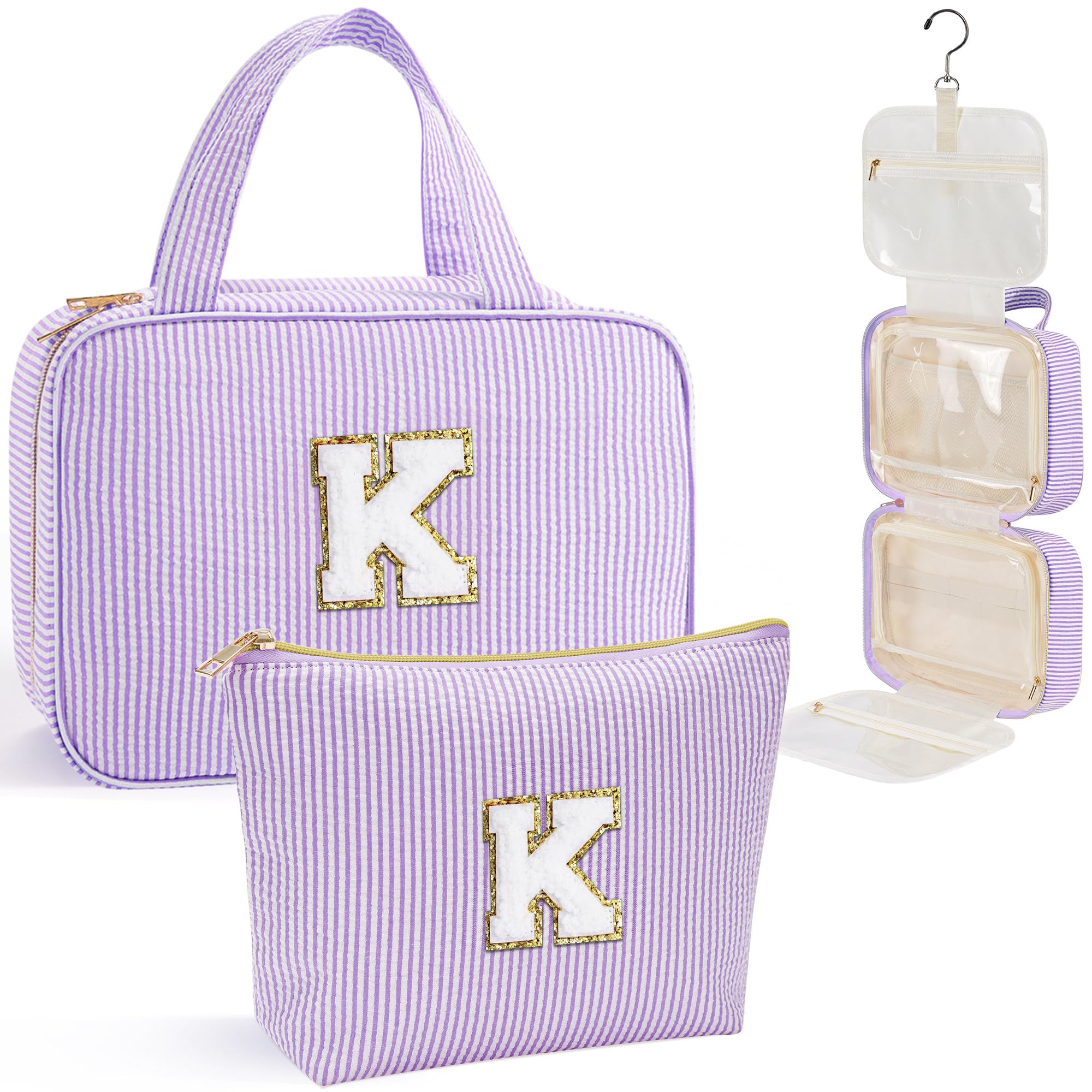YOOLIFE Initial Toiletry Bag Travel Makeup Bag for Women - Hanging Toiletry Bag, Personalized Birthday Gifts for Women, Vacation Airplane Essentials - Letter K, Purple