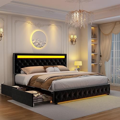 Miniatura 16 de GEGOFORU - Base de cama LED Queen con 4 cajones de almacenamiento, con control inteligente RGBW luces LED cabecera, control de color bricolaje,