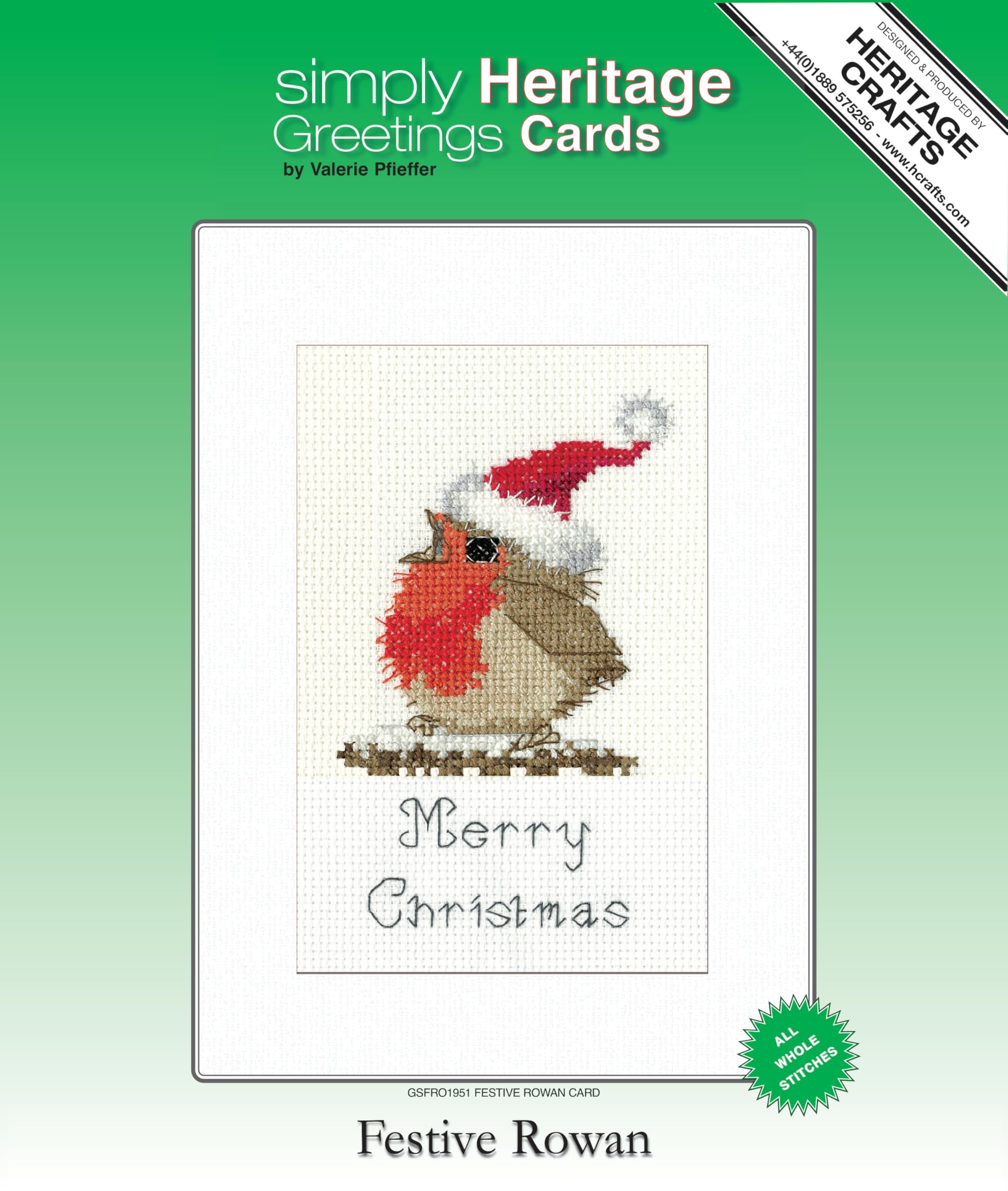 Heritage Crafts Cross Stitch Kit - Festive Rowan Robin Card - Counted Cross Stitch Christmas Card Kit